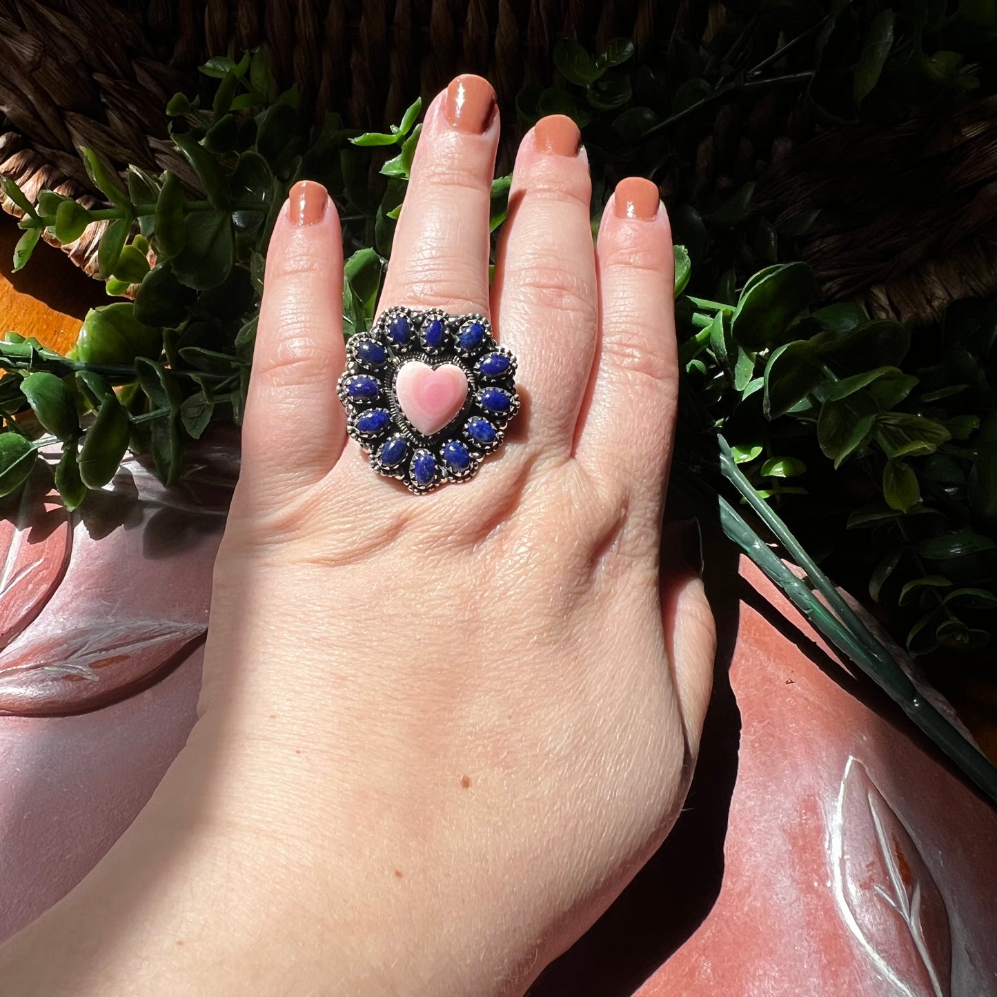 Pink Queen Conch Heart & Lapis Lazuli Statement Ring – Sterling Silver