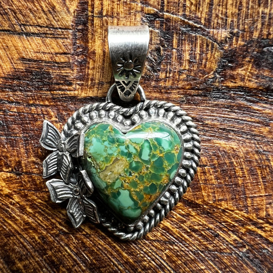Heart Butterfly Pendant
Handcrafted Sterling Silver & Green Kingman Turquoise