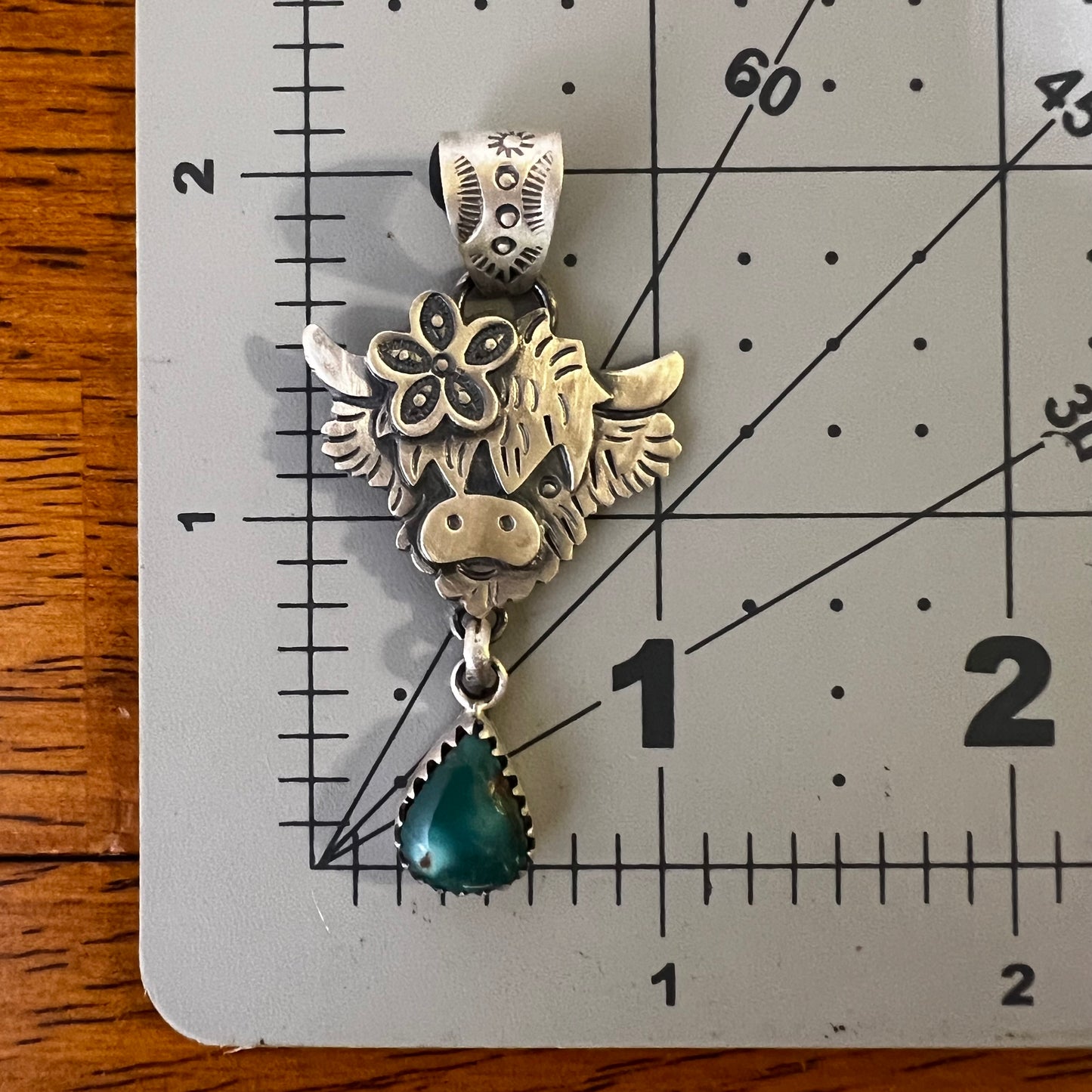 Sterling Silver Highland Cow Pendant with Fox Turquoise Drop