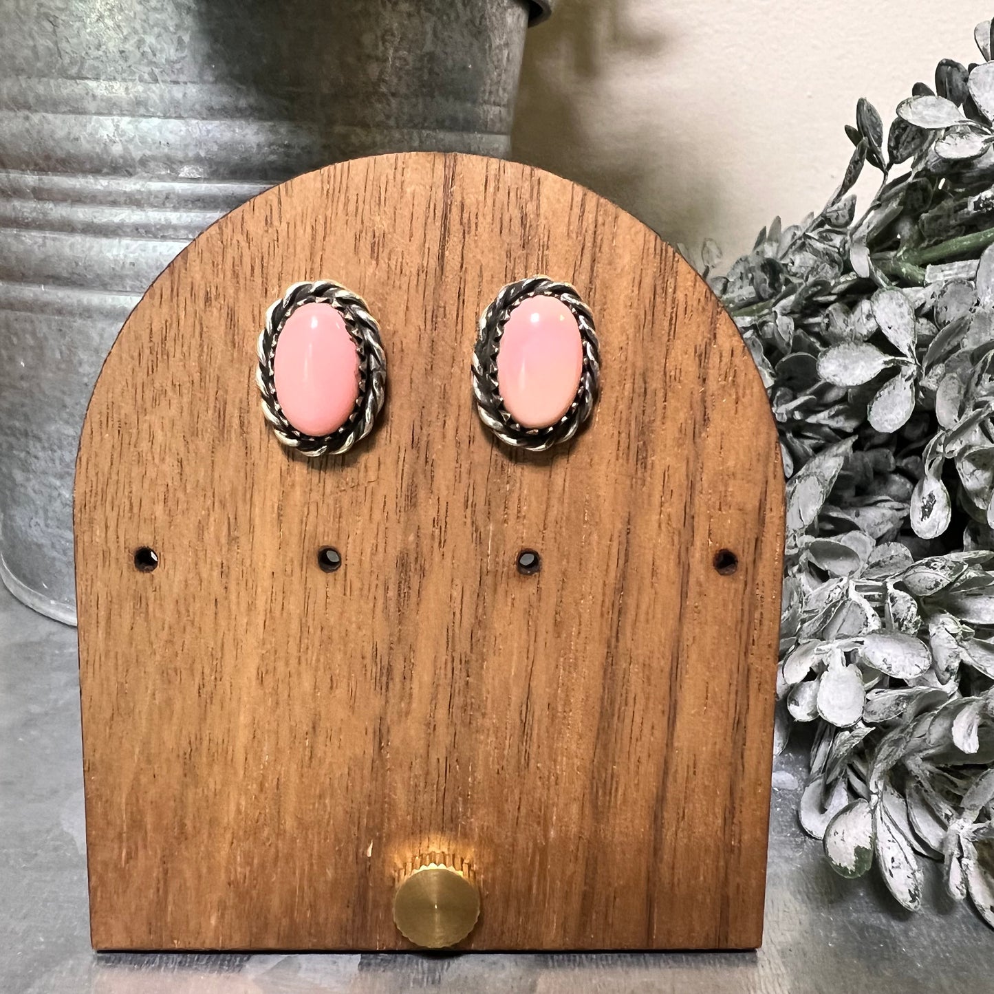 Pink Queen Conch Oval Stud Earrings | Sterling Silver Rope Bezel