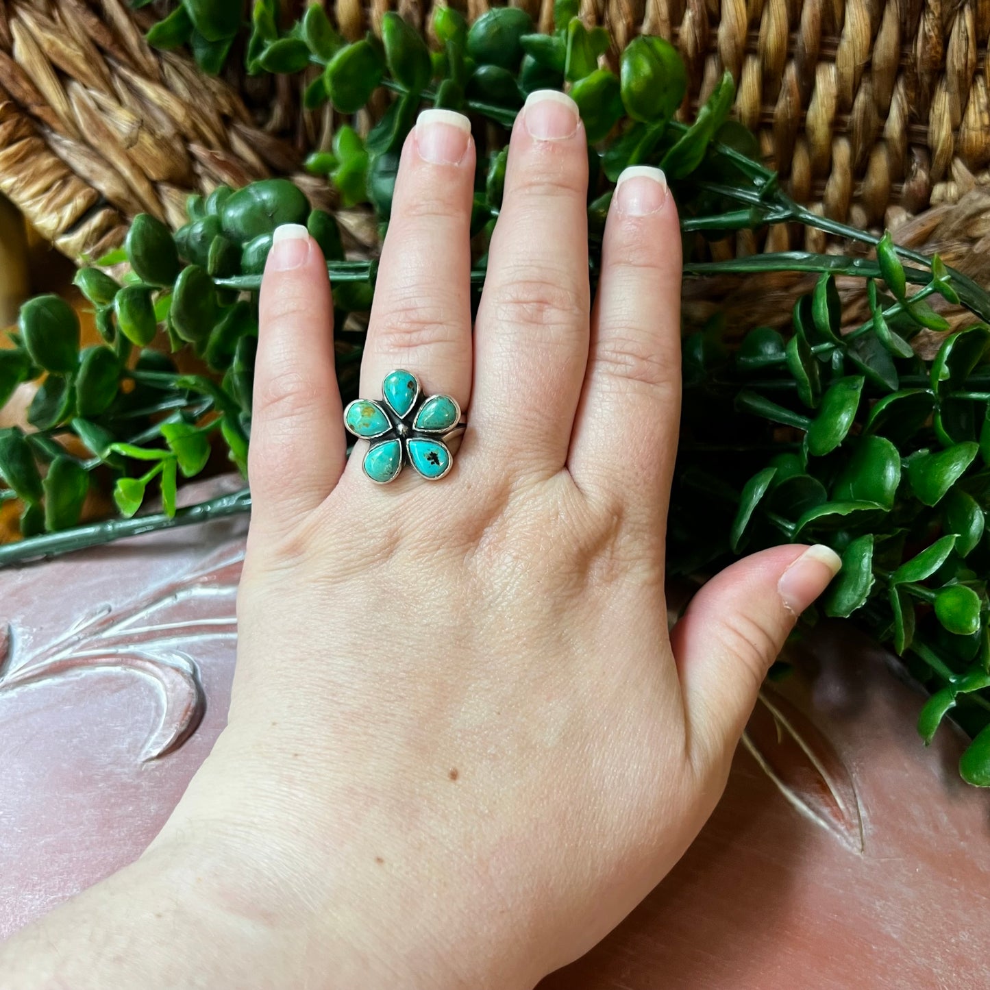 Sterling Silver & Kingman Turquoise Flower Ring | Size 9