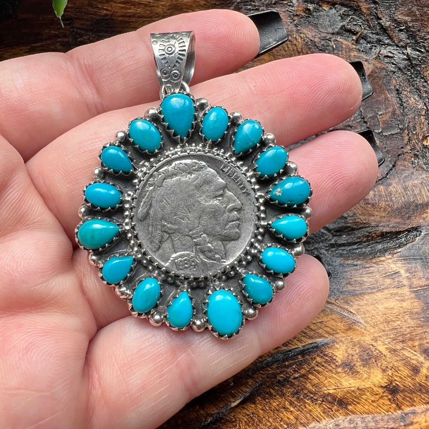 1936 Buffalo Nickel & Kingman Turquoise Cluster Pendant