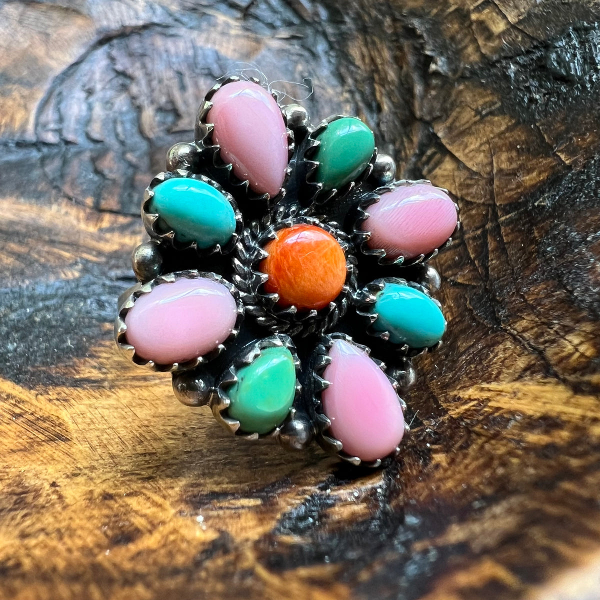 Sterling Silver Kingman Turquoise, Spiny Oyster & Queen Conch Cluster Ring – Size 10 Adjustable