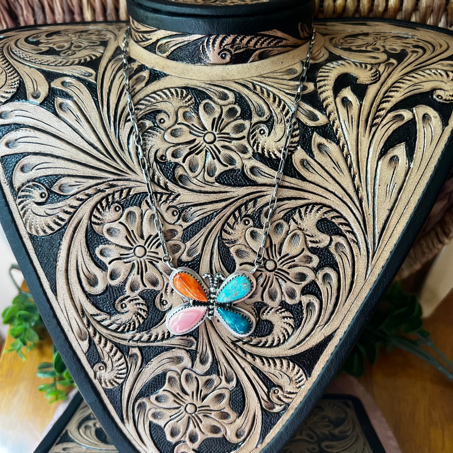 Multistone Butterfly Necklace – Kingman Turquoise, Spiny Oyster & Pink Conch Sterling Silver