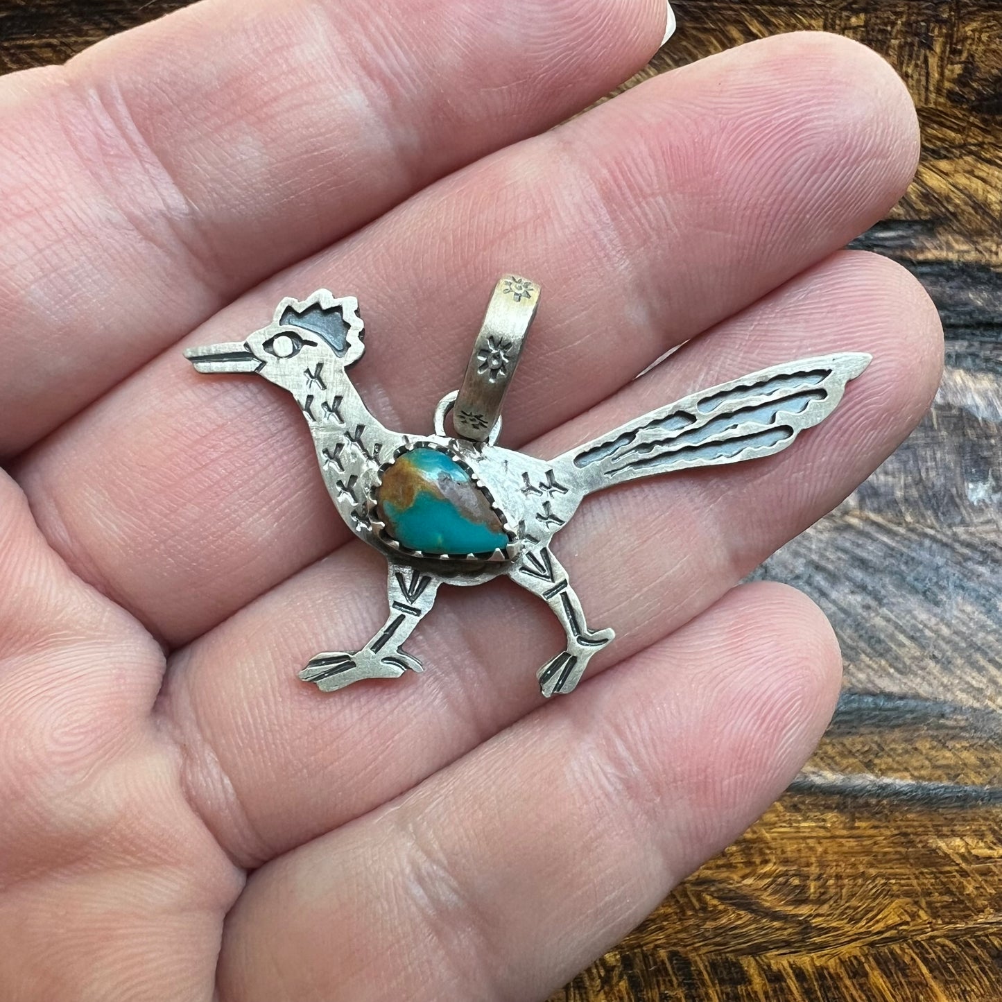 Southwestern Sterling Silver Roadrunner Turquoise Pendant