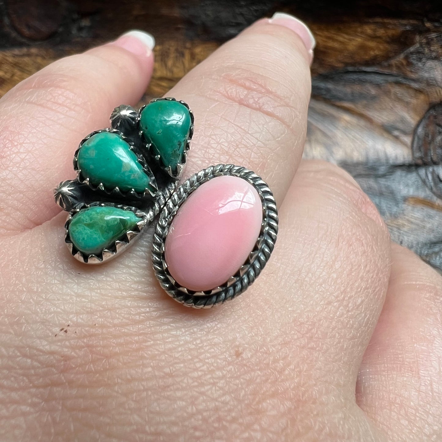 Sterling Kingman Turquoise Queen Conch Floater Ring Size 9