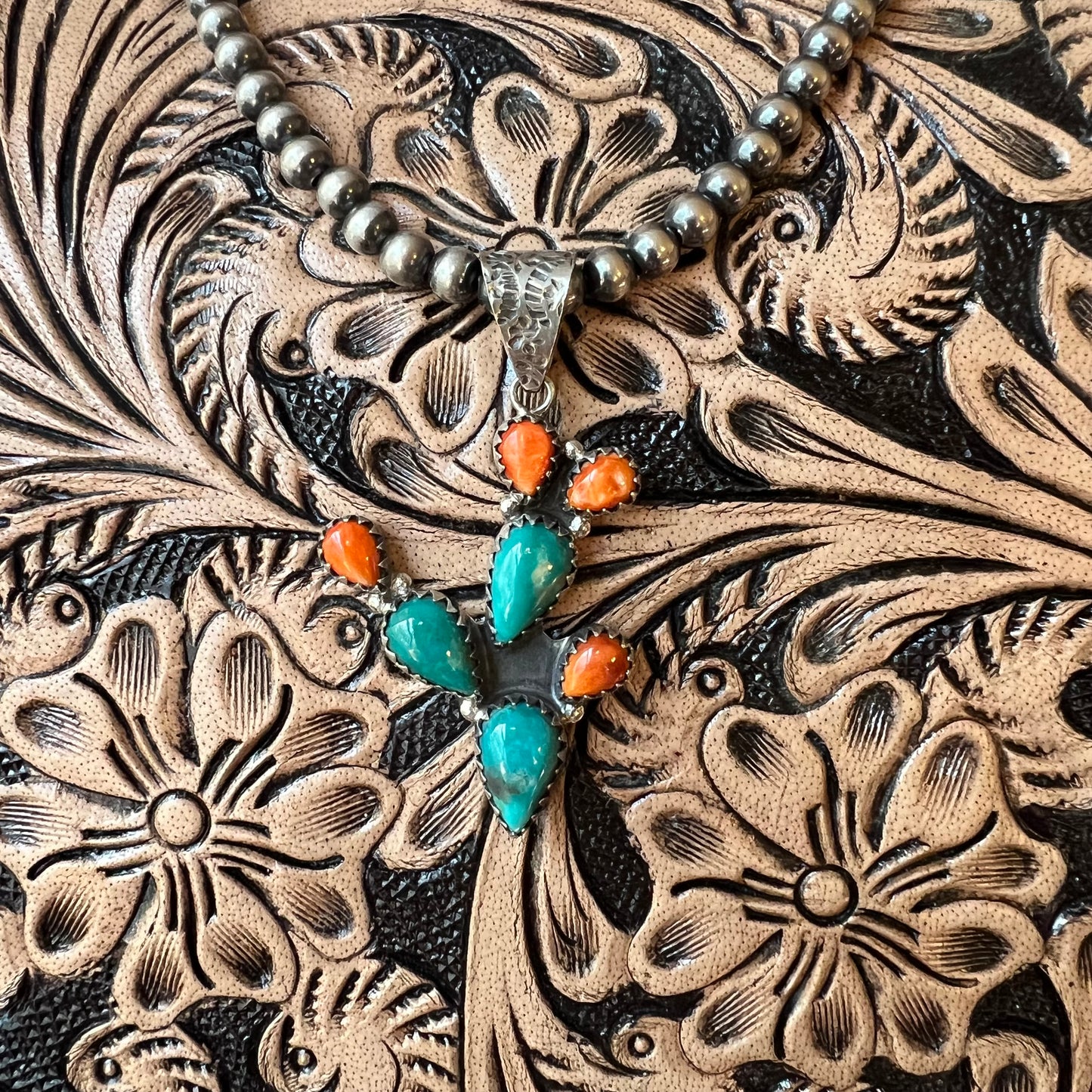 Southwestern Sterling Silver Turquoise & Spiny Oyster Cactus Pendant