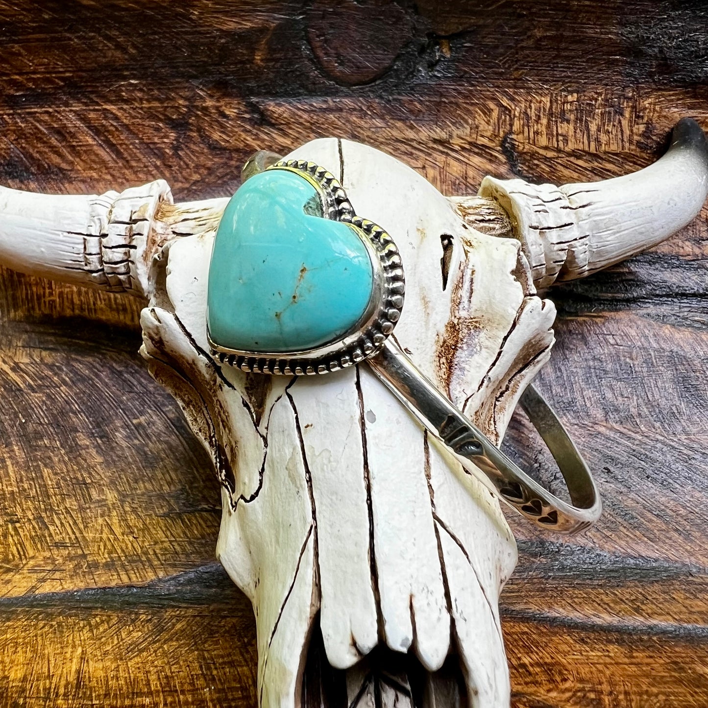 Kingman Turquoise Heart Cuff Bracelet Sterling Silver Adjustable