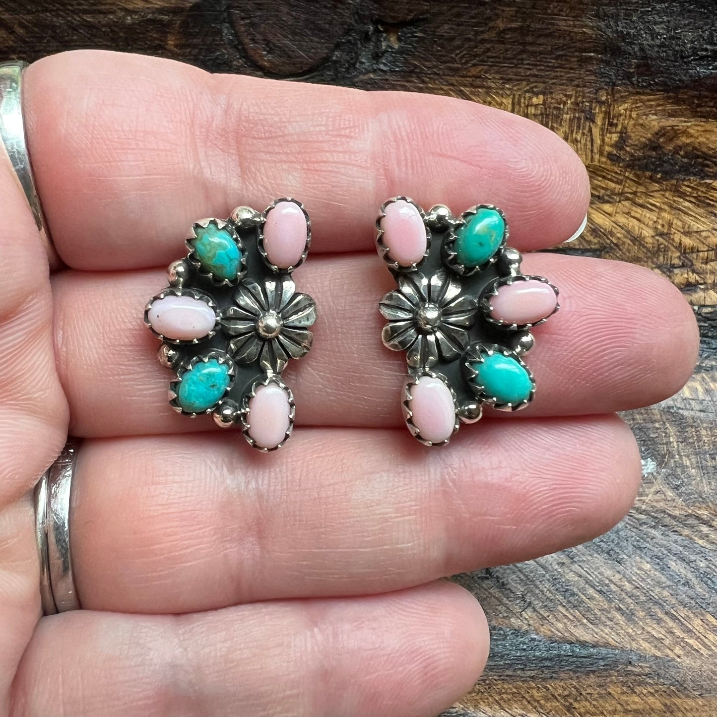 Sterling Silver Kingman Turquoise Pink Queen Conch Half Cluster Earrings