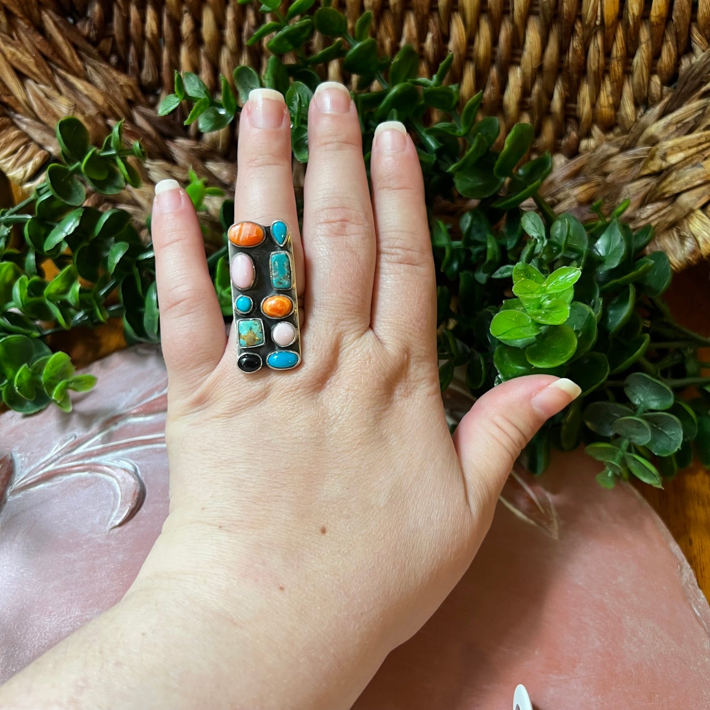 Sterling Silver Multi-Stone Statement Ring | Kingman Turquoise, Queen Conch, Spiny Oyster & Black Onyx