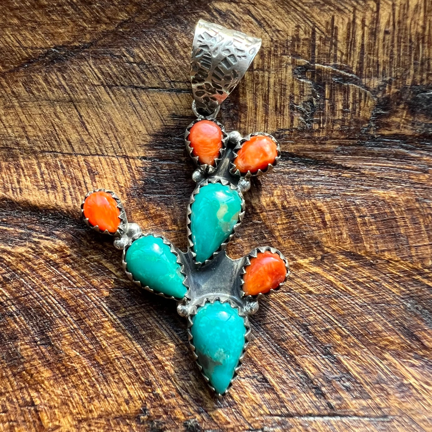 Southwestern Sterling Silver Turquoise & Spiny Oyster Cactus Pendant