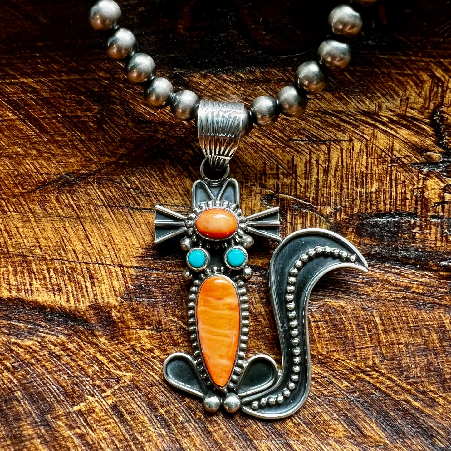 Handcrafted Sterling Silver Spiny Oyster & Kingman Turquoise Cat Pendant
