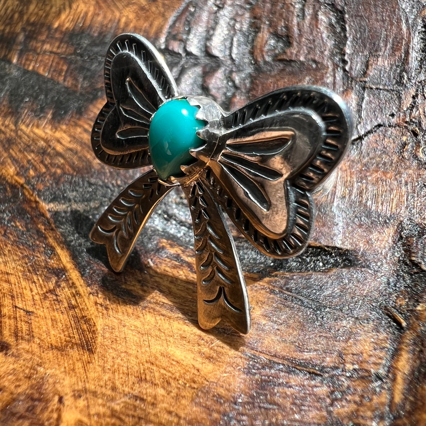 925 Sterling Silver Kingman Turquoise Bow Ring Size 8 Western Statement Ring