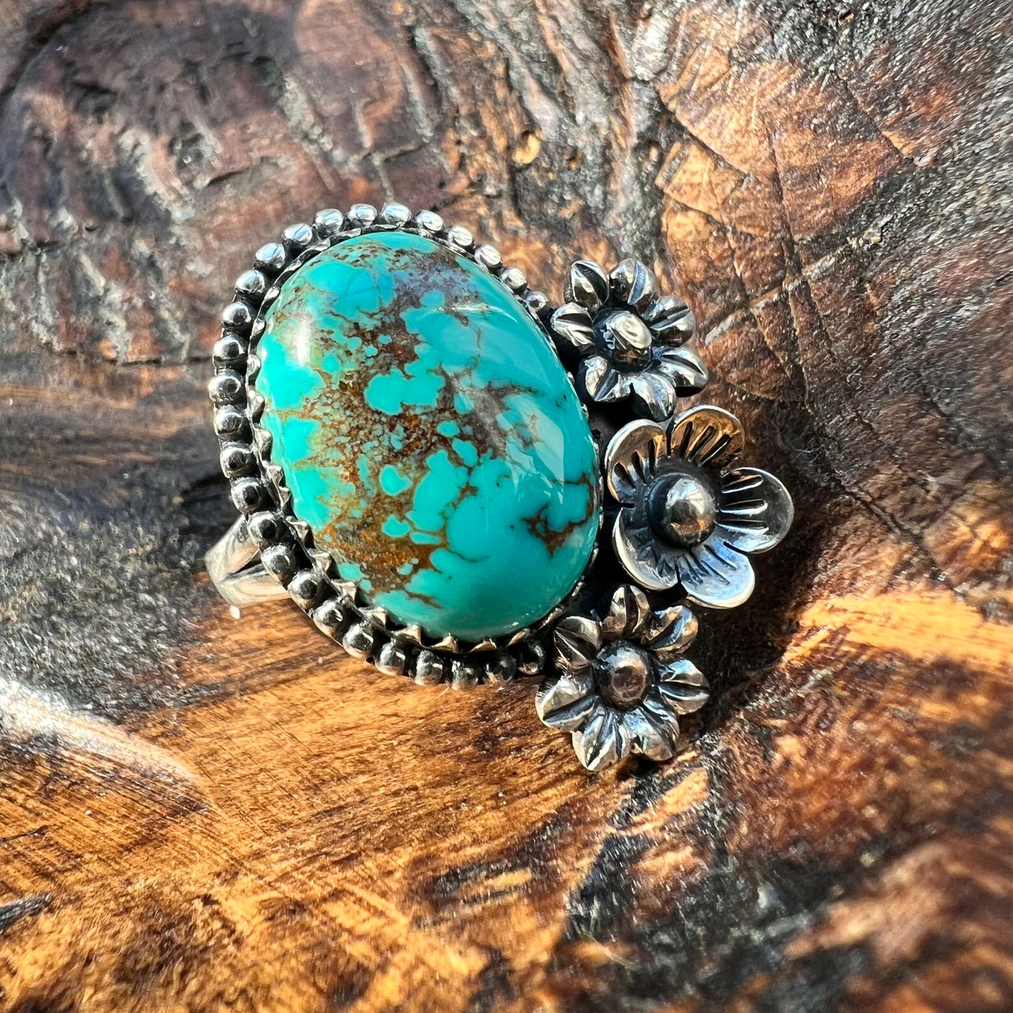 Kingman Turquoise Floral Statement Ring in Solid Sterling Silver
