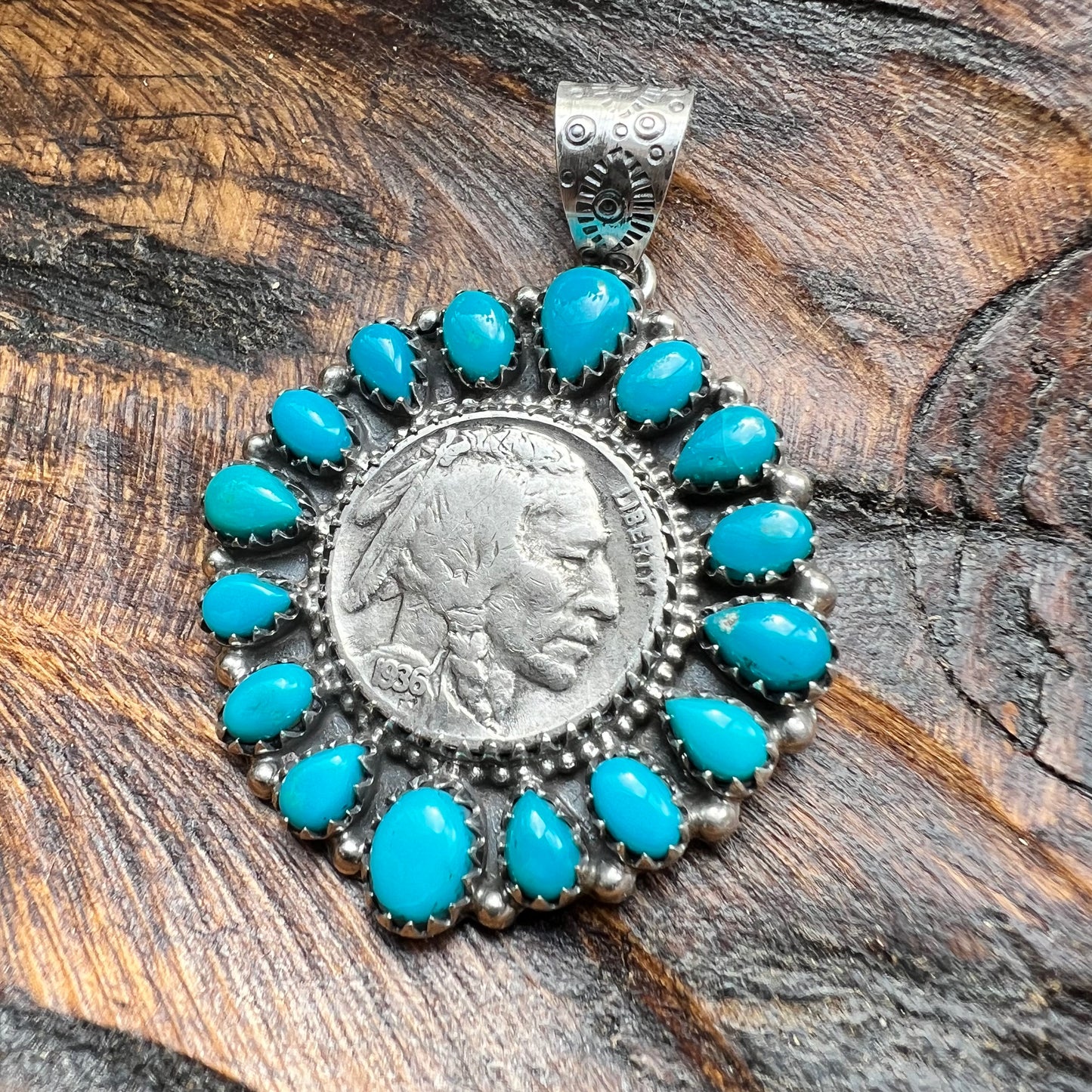 1936 Buffalo Nickel & Kingman Turquoise Cluster Pendant