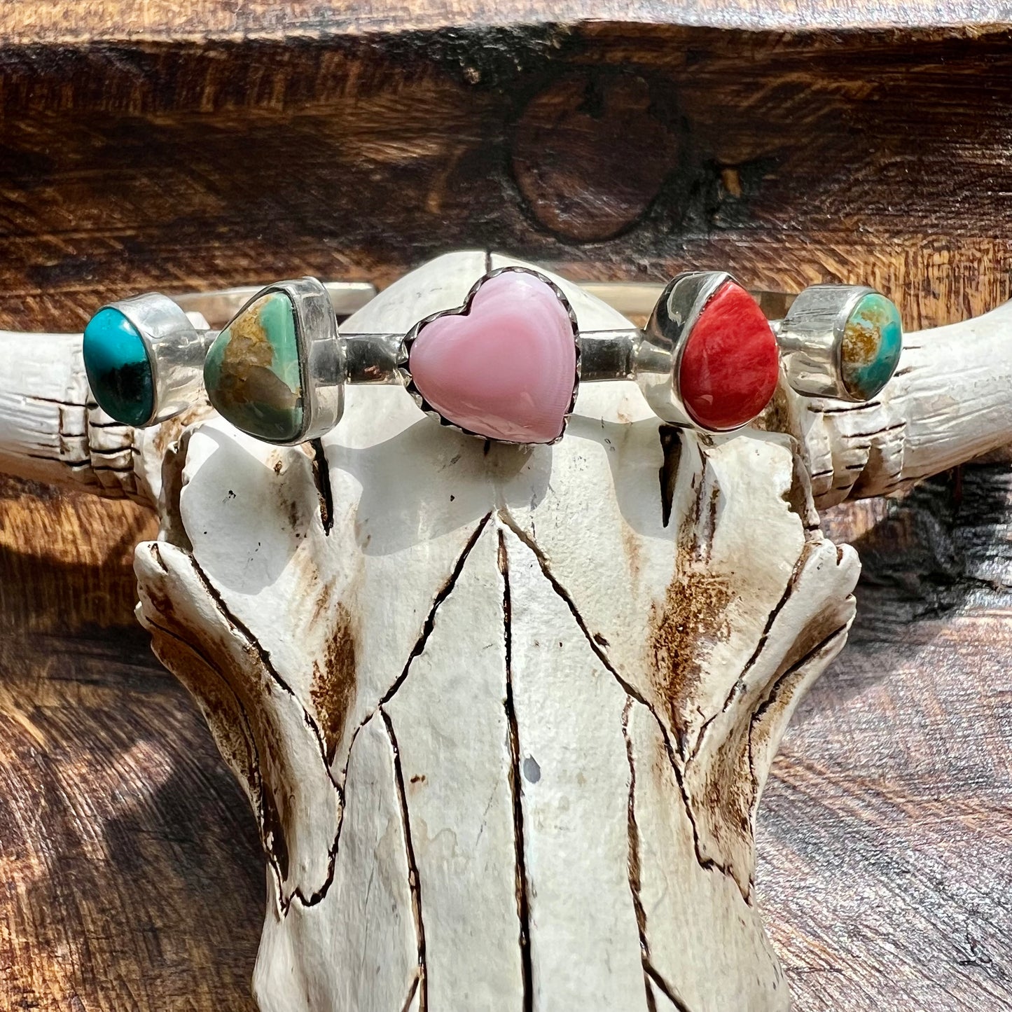 925 Sterling Silver Multi-Stone Cuff Bracelet Kingman Turquoise Spiny Oyster Conch Heart Southwestern