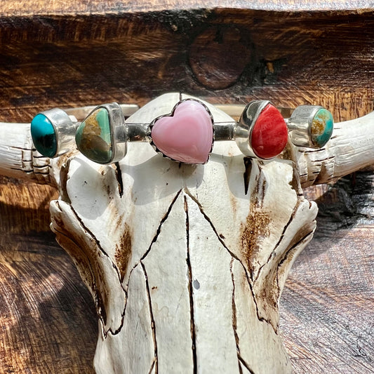 925 Sterling Silver Multi-Stone Cuff Bracelet Kingman Turquoise Spiny Oyster Conch Heart Southwestern