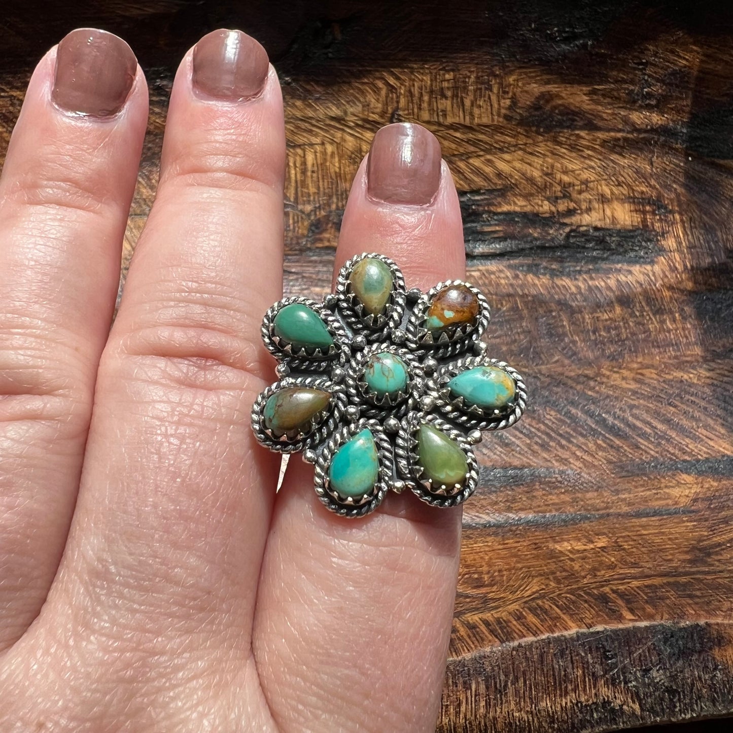 Kingman Turquoise Floral Cluster Ring in Sterling Silver