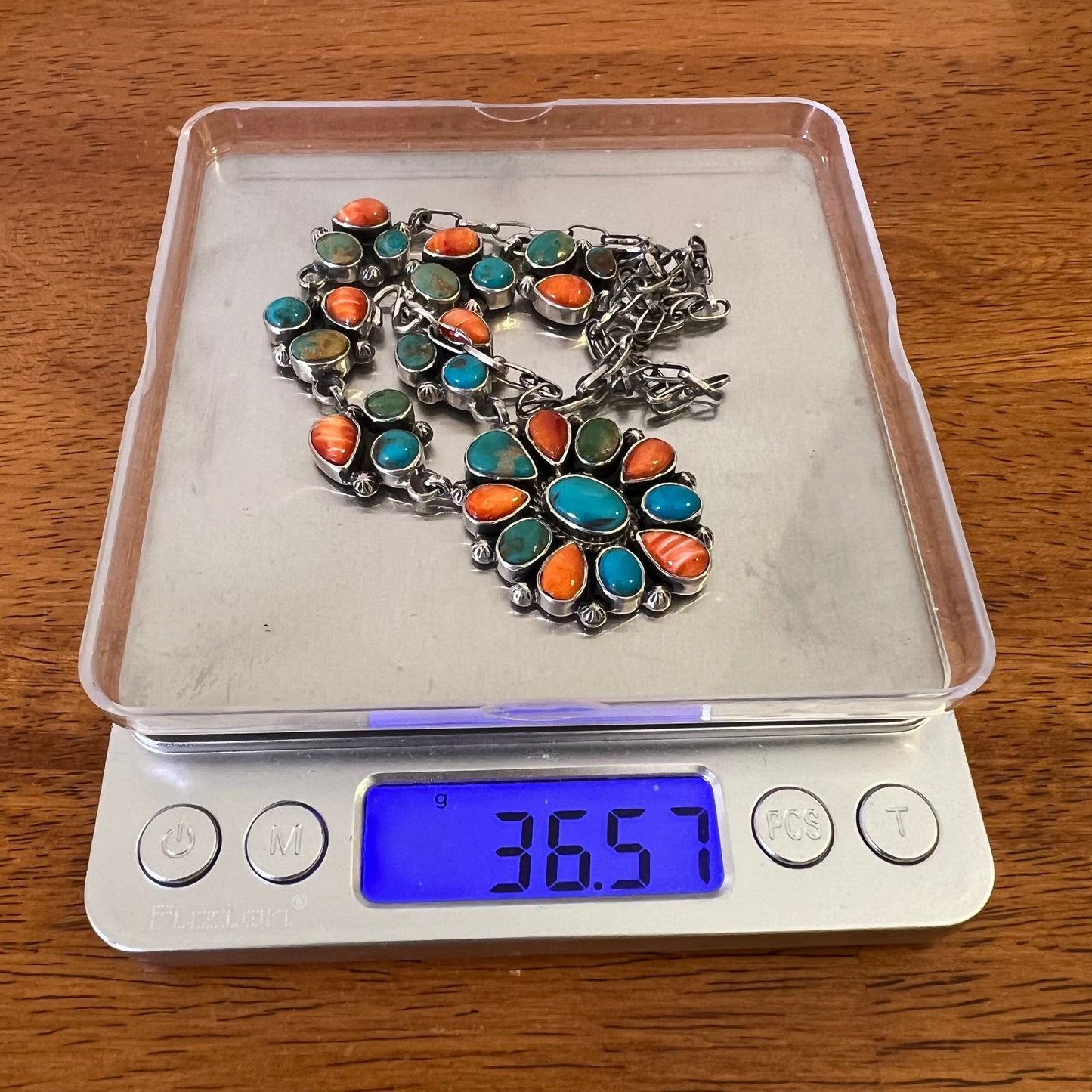Collector’s Kingman Turquoise & Spiny Oyster Cluster Necklace – 29 Stone Statement