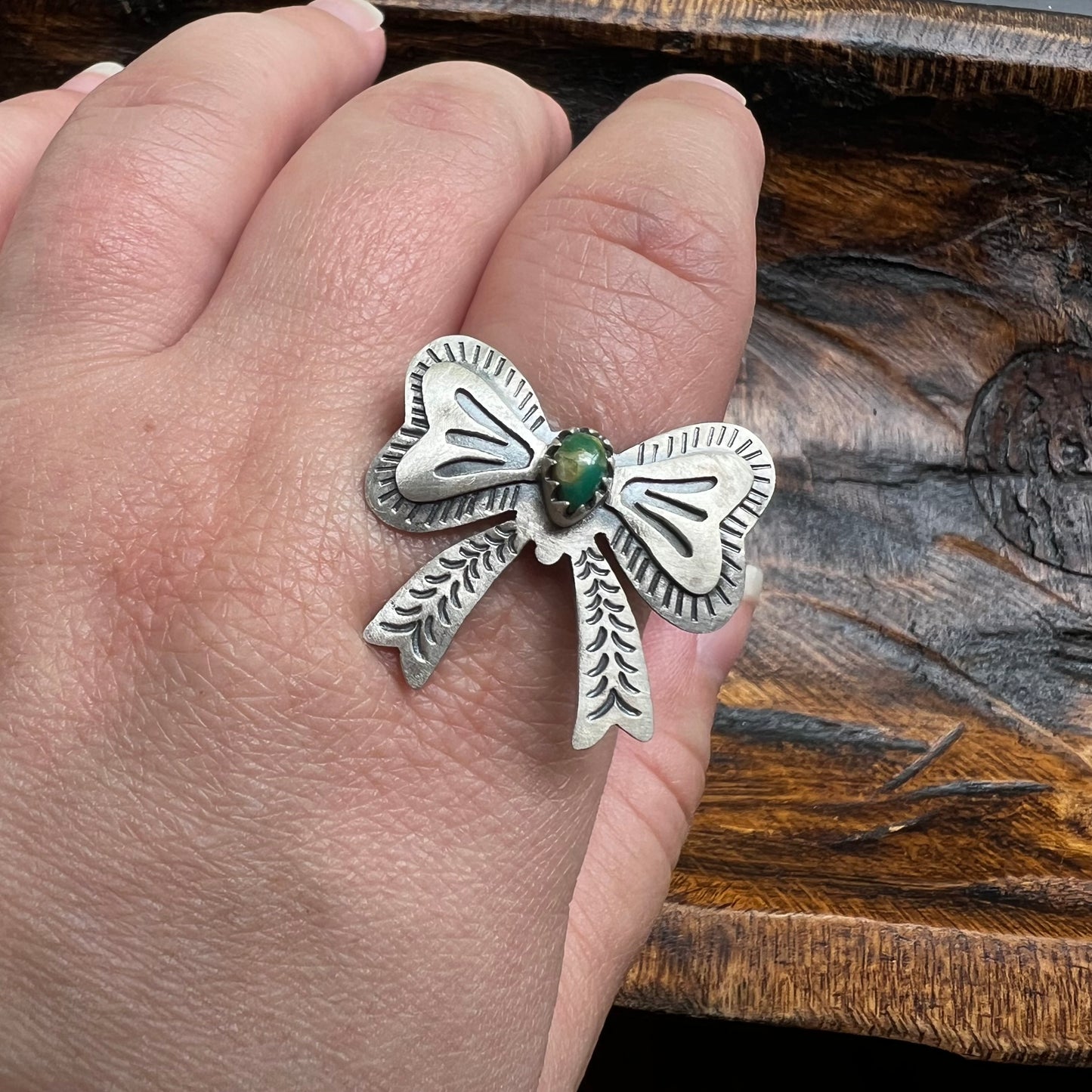 Sterling Silver Kingman Turquoise Bow Ring – Adjustable Size 10