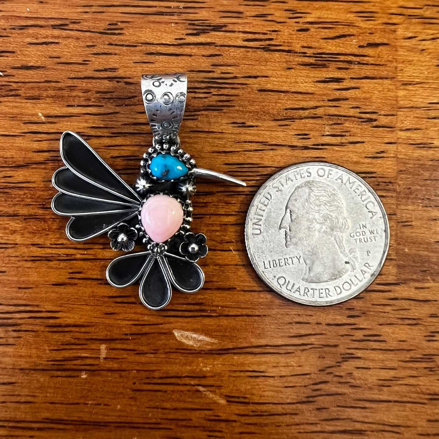Sterling Silver Hummingbird Pendant – Pink Conch & Kingman Turquoise