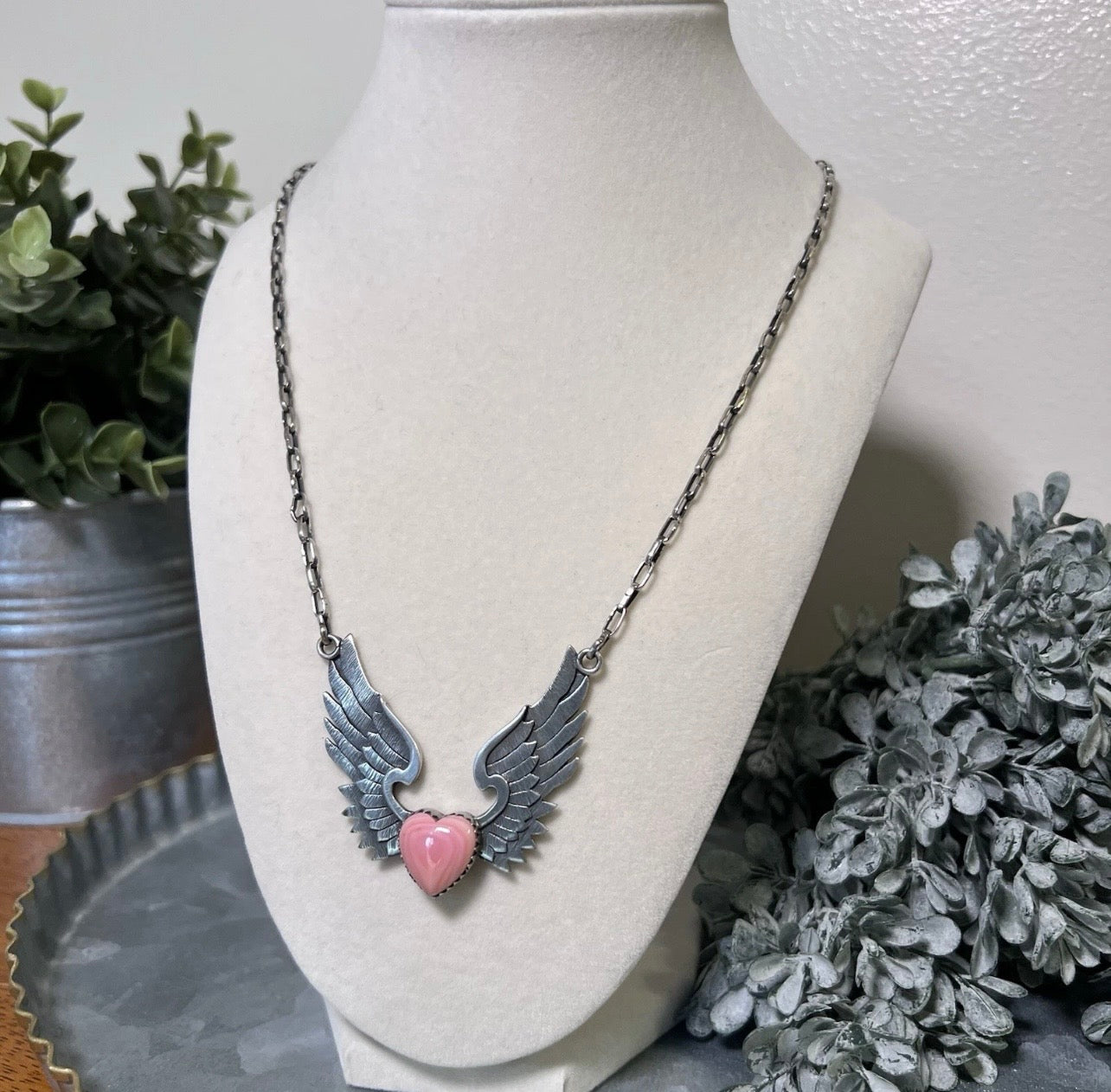 Sterling Silver Queen Conch Heart & Wings Necklace – Handcrafted Southwestern Statement