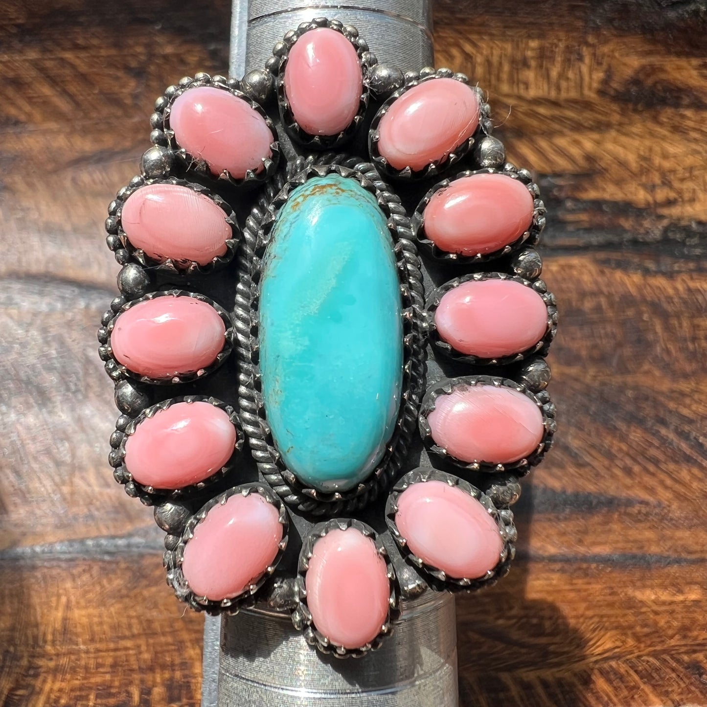 Desert Bloom Cluster Ring – Kingman Turquoise & Queen Conch Sterling Silver