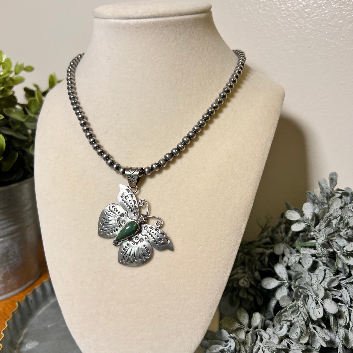 Kingman Turquoise Butterfly–Moth Pendant in Sterling Silver