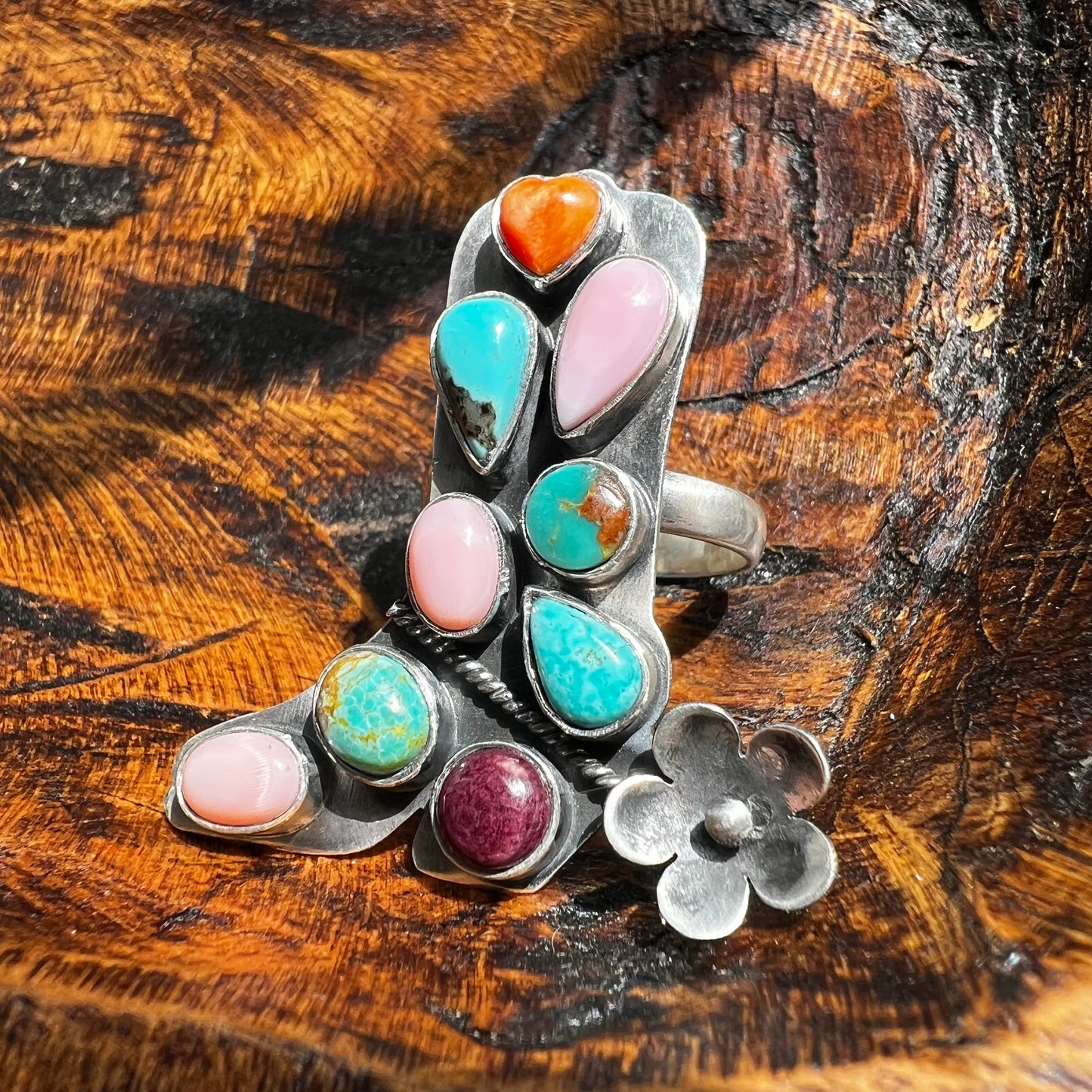 Sterling Silver | Multi Stone Statement Boot Ring | Size 10.5 Adjustable