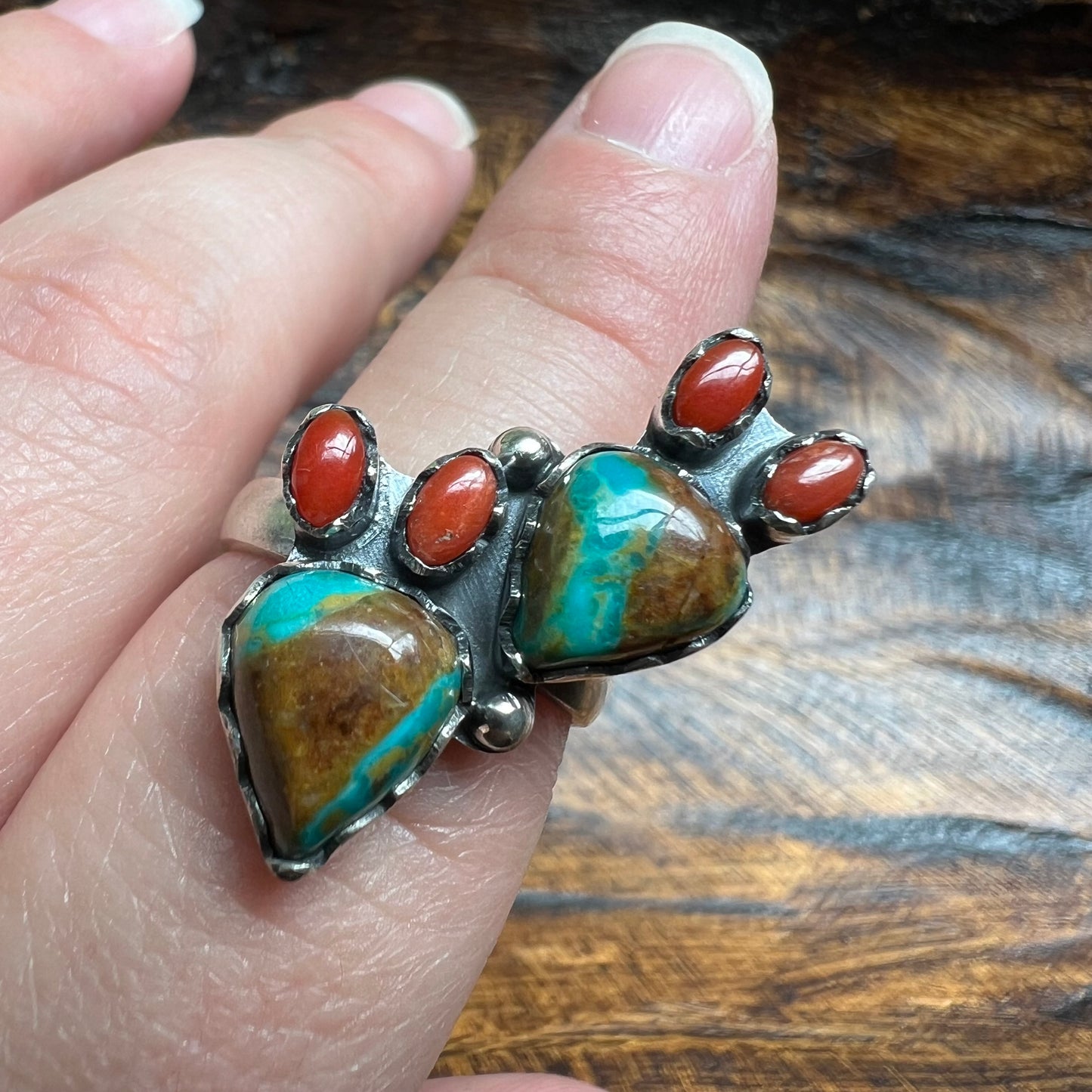 Sterling Royston Turquoise Red Coral Cactus Ring Adjustable Size 8