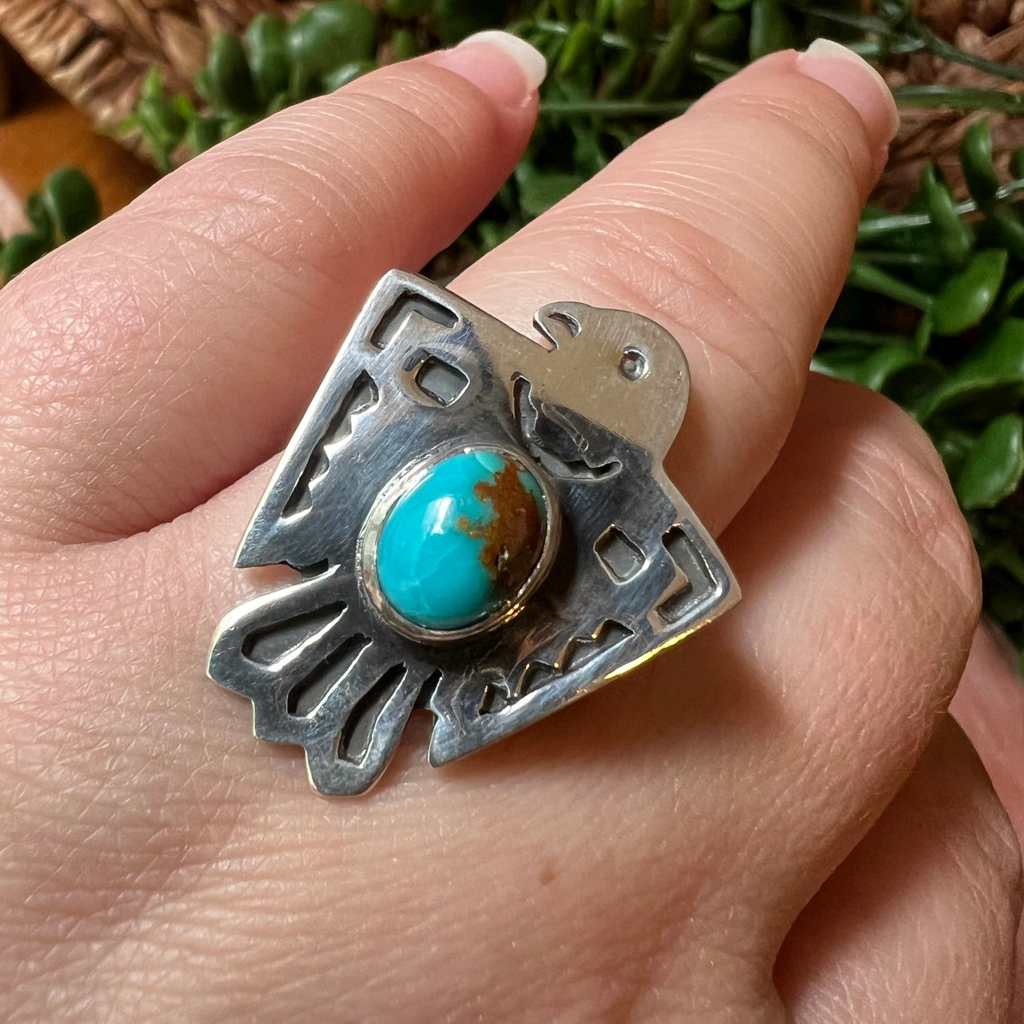 Sterling Silver Kingman Turquoise Thunderbird Ring Size 8.5