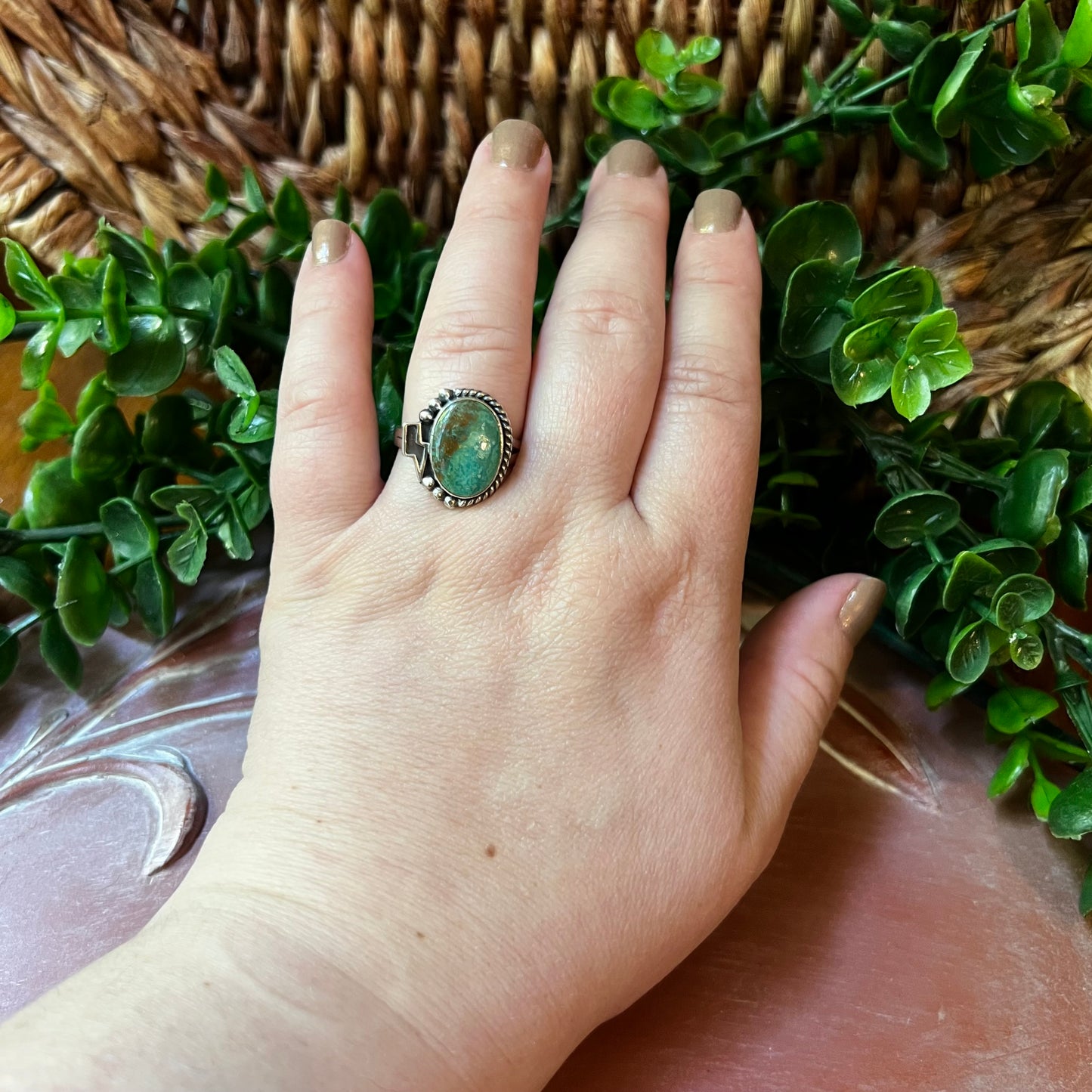 Kingman Turquoise Lightning Bolt Ring – Sterling Silver Size 10