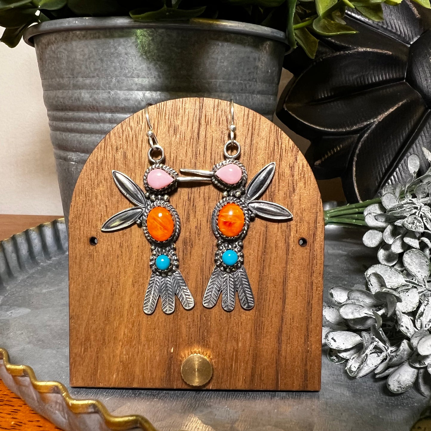 Multi-Stone Hummingbird Earrings – Pink Conch, Spiny Oyster & Turquoise