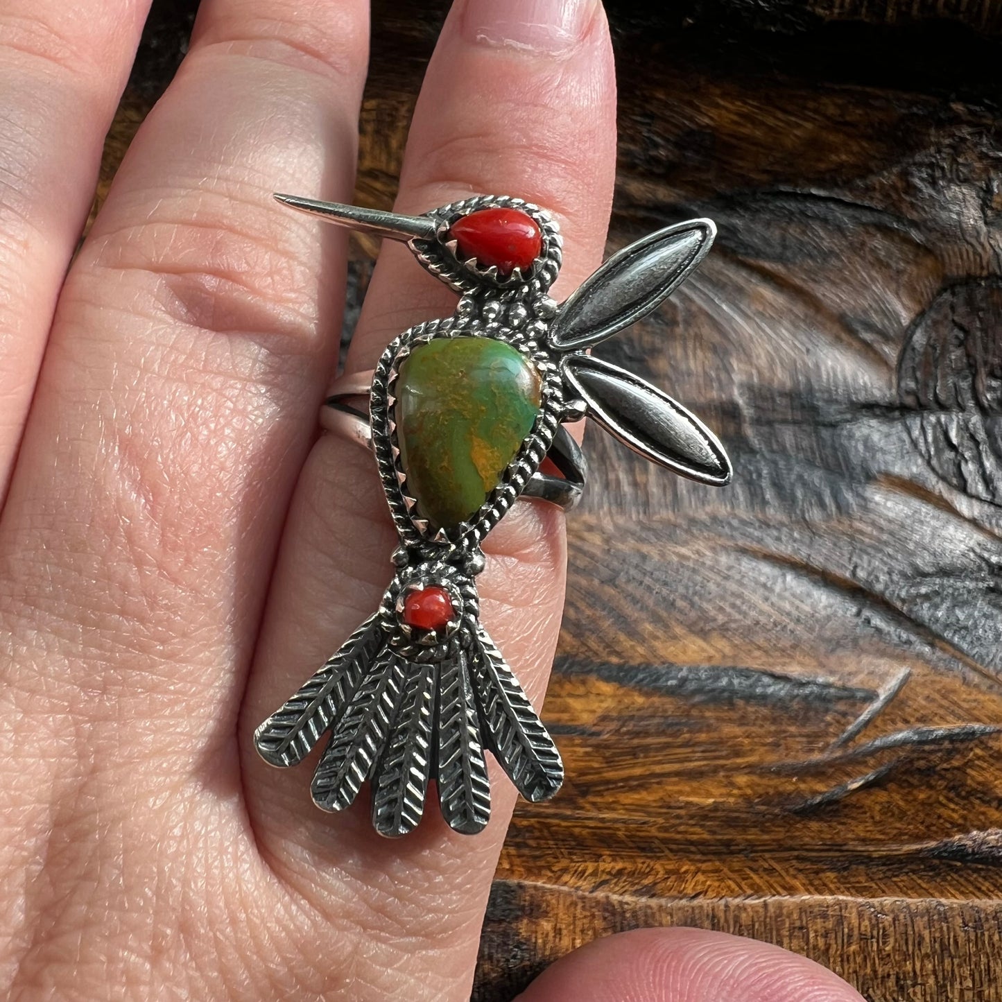 Sterling Silver Hummingbird Ring Kingman Turquoise & Red Coral Size 7