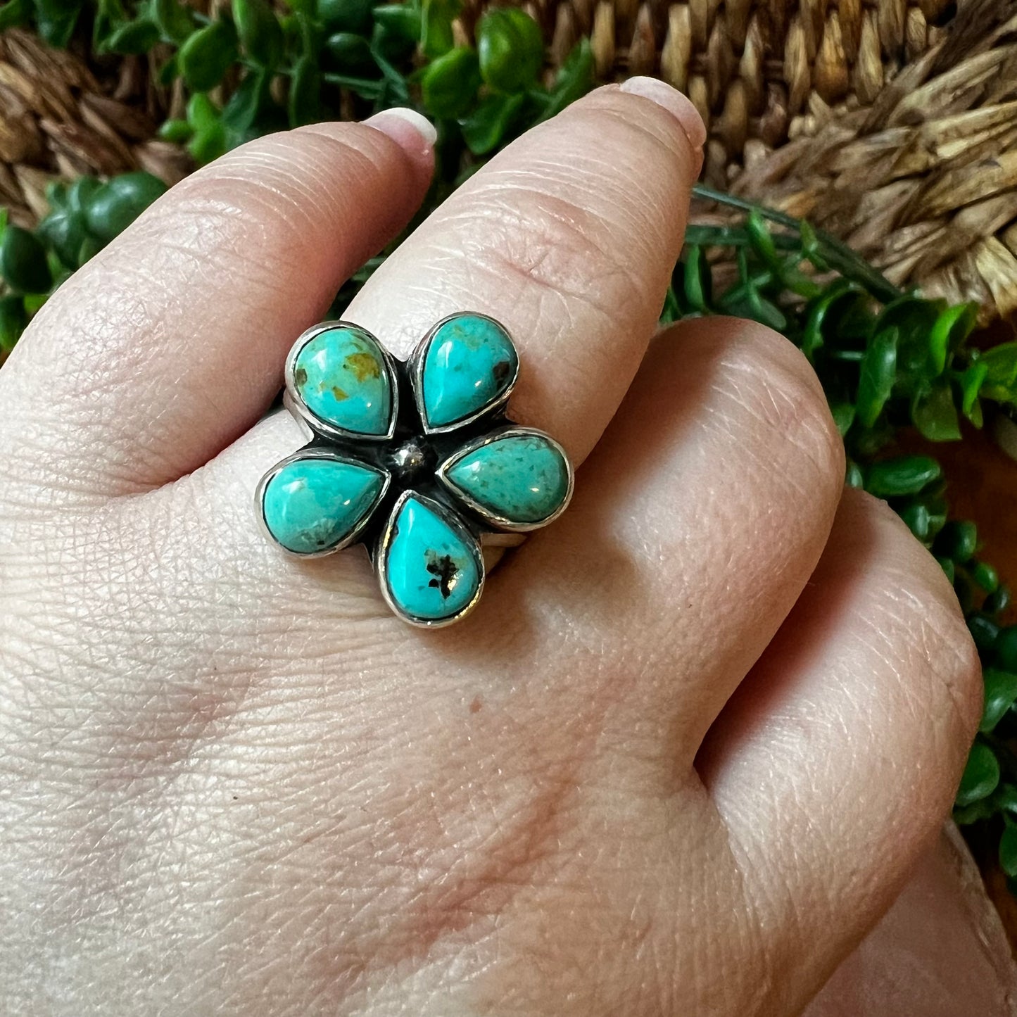 Sterling Silver & Kingman Turquoise Flower Ring | Size 9
