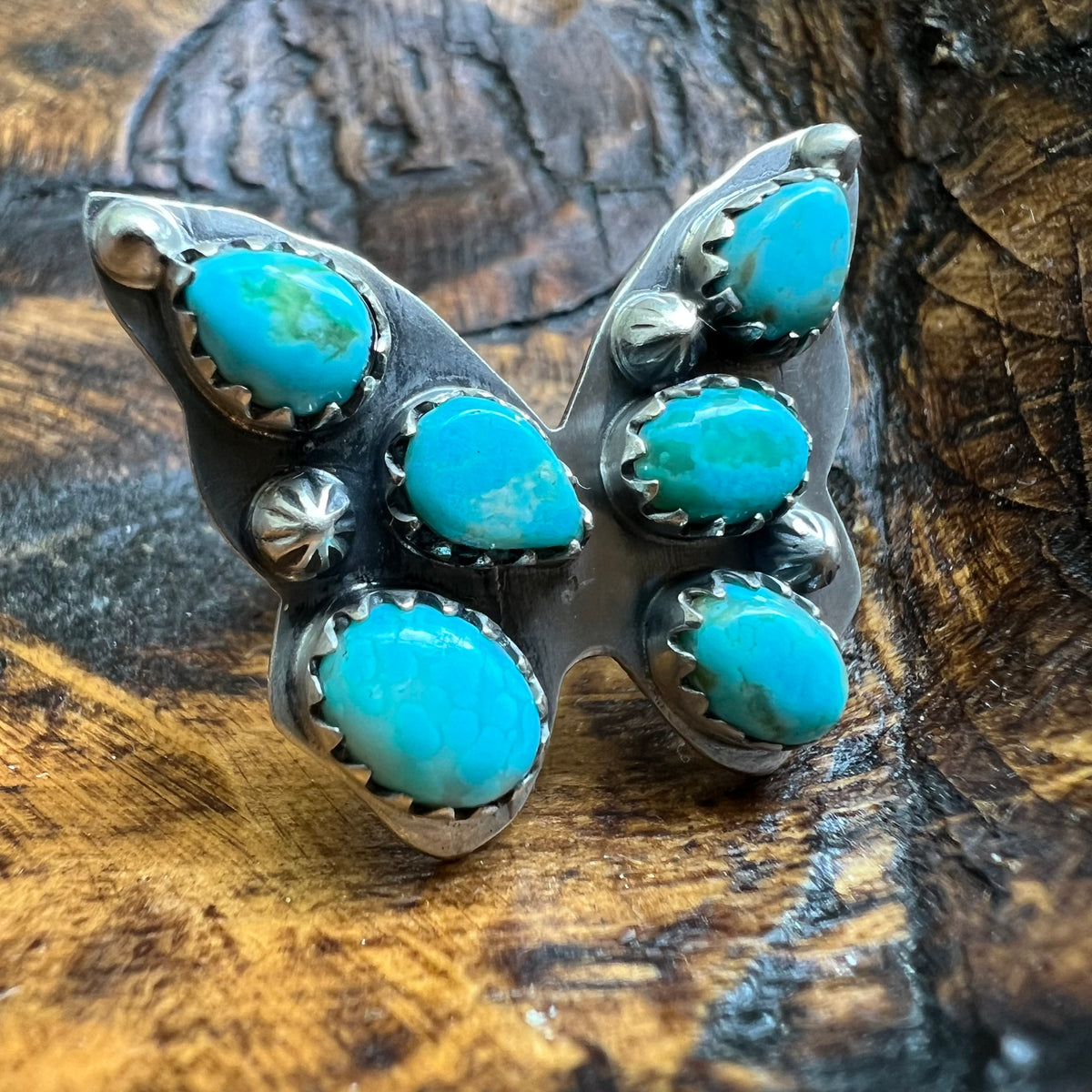 Sterling Silver Sonoran Gold Turquoise Butterfly Cluster Ring Size 6.5
