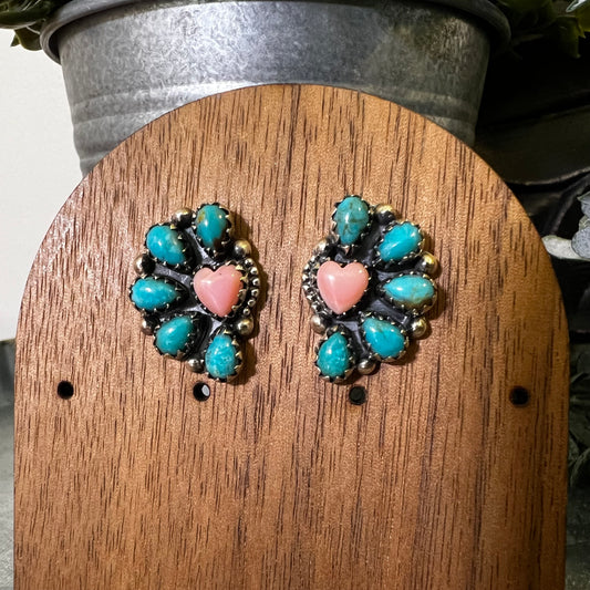 Sterling Silver Kingman Turquoise Queen Conch Heart Half Cluster Earrings ￼