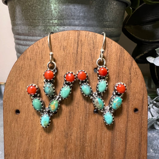 Sterling Silver Kingman Turquoise Red Coral Cactus Dangle Earrings
