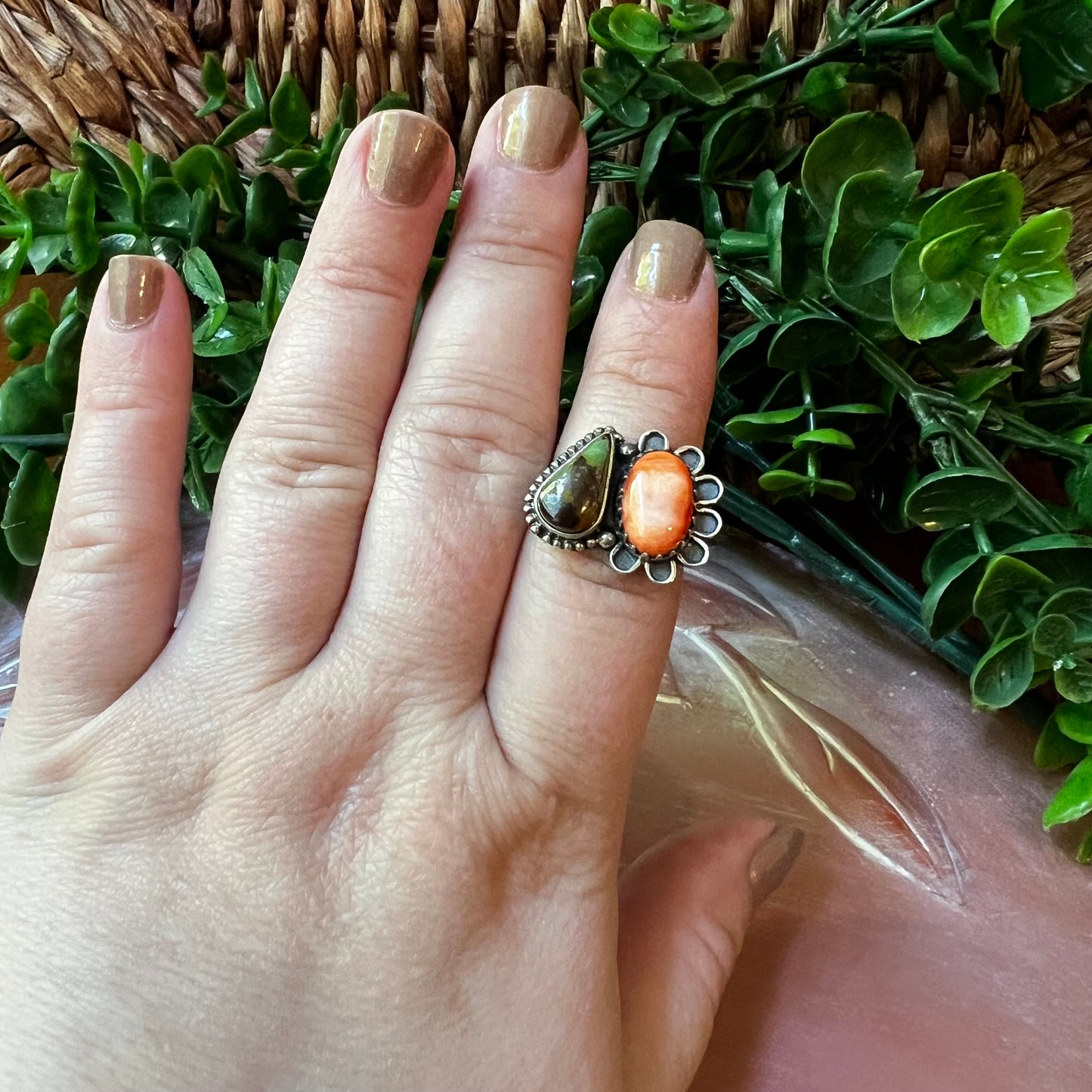 Kingman Turquoise & Spiny Oyster Ring – Sterling Silver Size 7