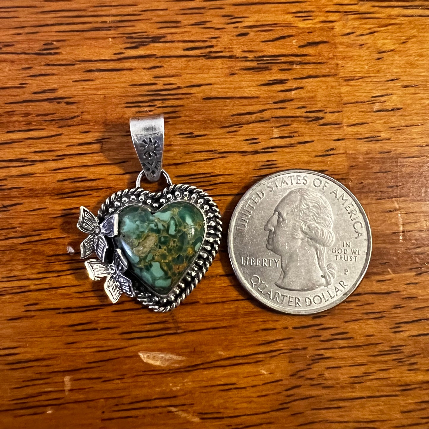 Heart Butterfly Pendant
Handcrafted Sterling Silver & Green Kingman Turquoise