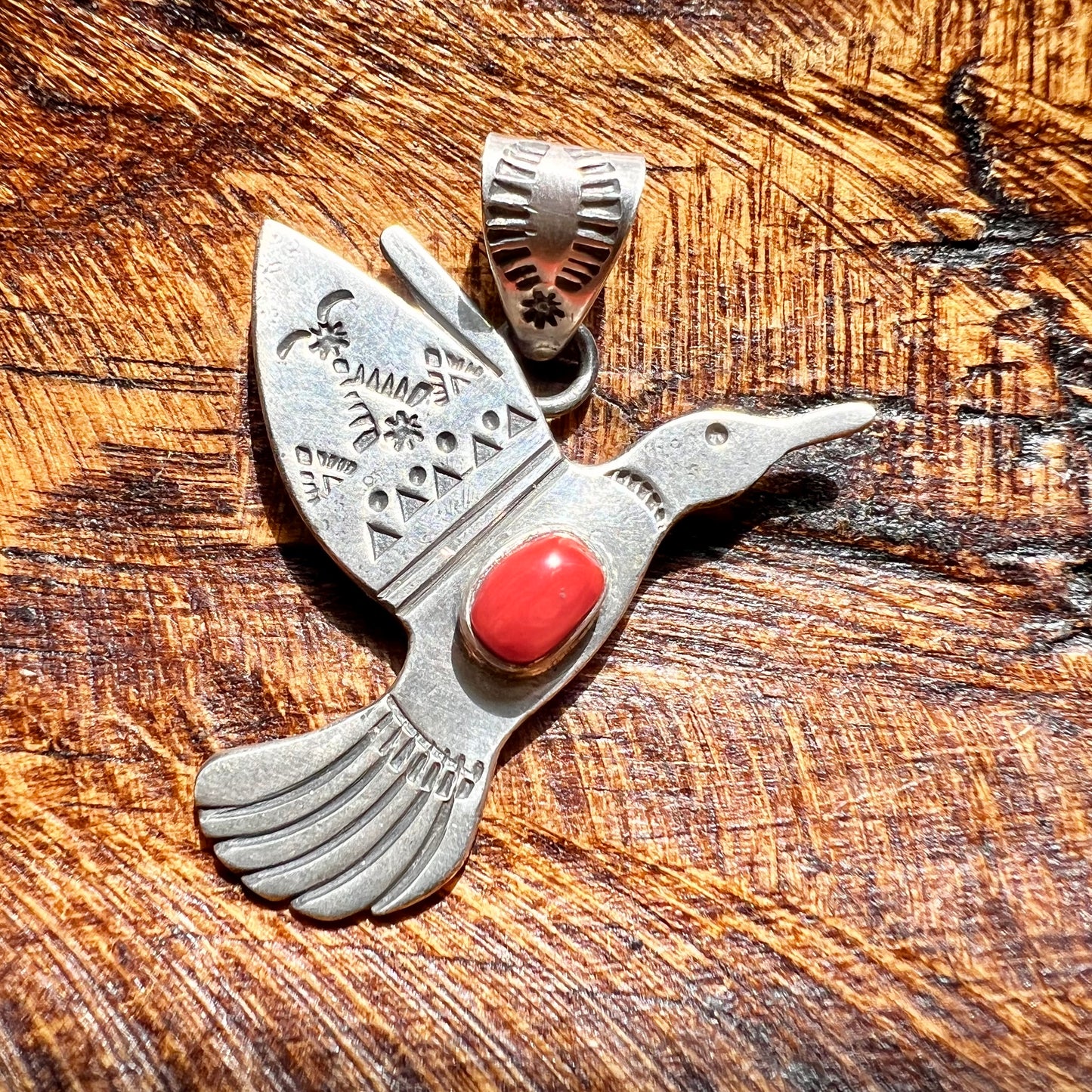 Sterling Silver & Italian Red Coral Hummingbird Pendant