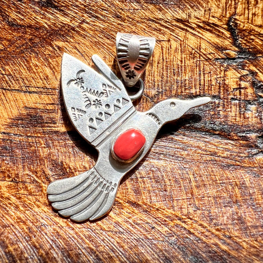Sterling Silver & Italian Red Coral Hummingbird Pendant