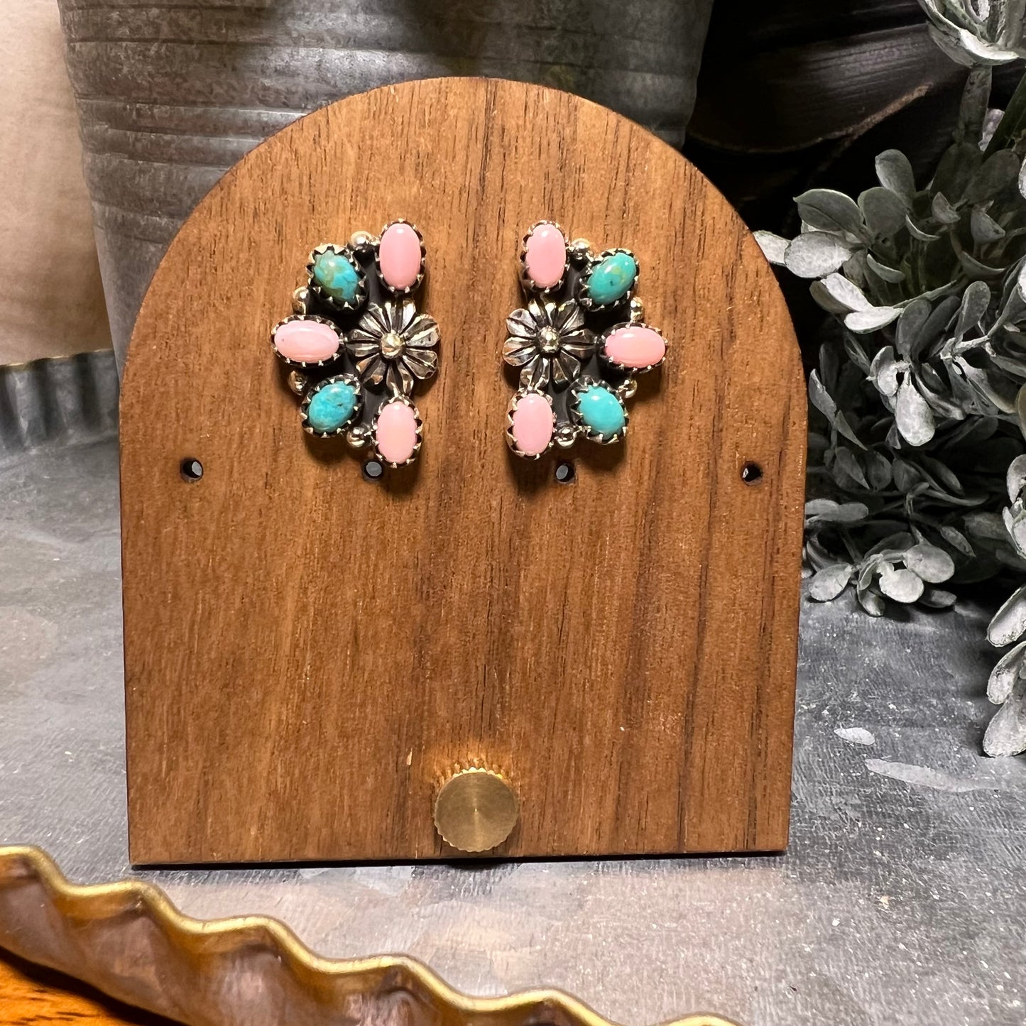 Sterling Silver Kingman Turquoise Pink Queen Conch Half Cluster Earrings