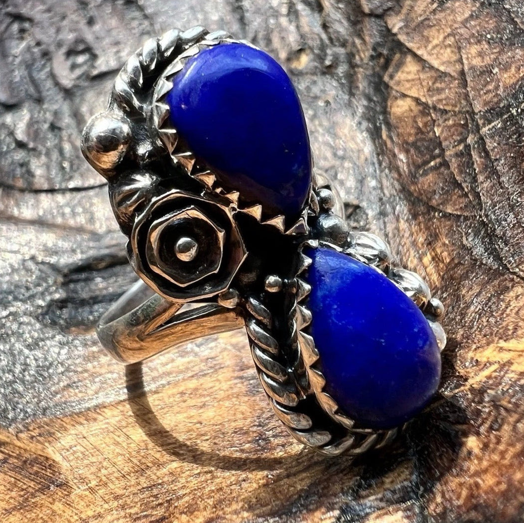 Lapis Lazuli Double Teardrop Statement Ring in Sterling Silver Size 9.5