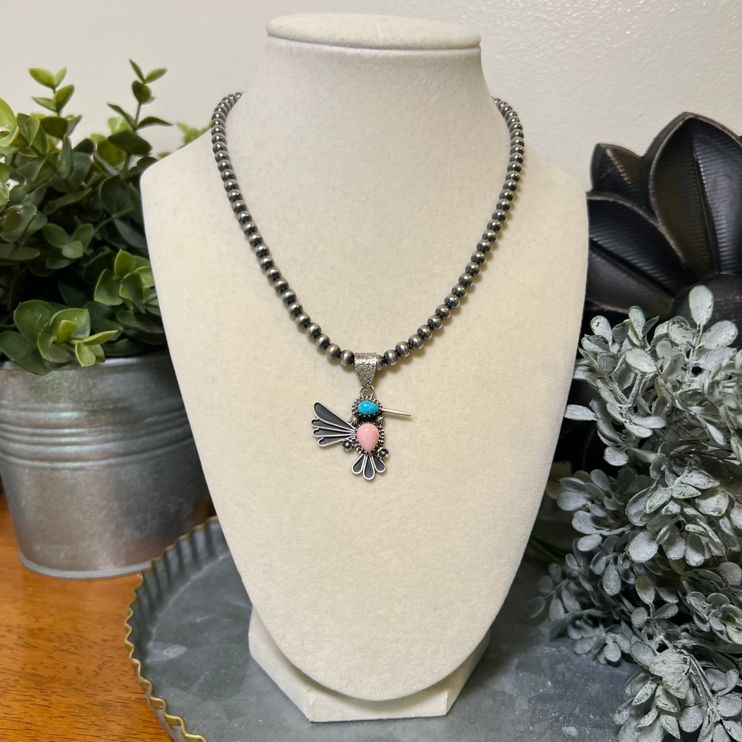 Sterling Silver Kingman Turquoise Queen Conch Hummingbird Pendant