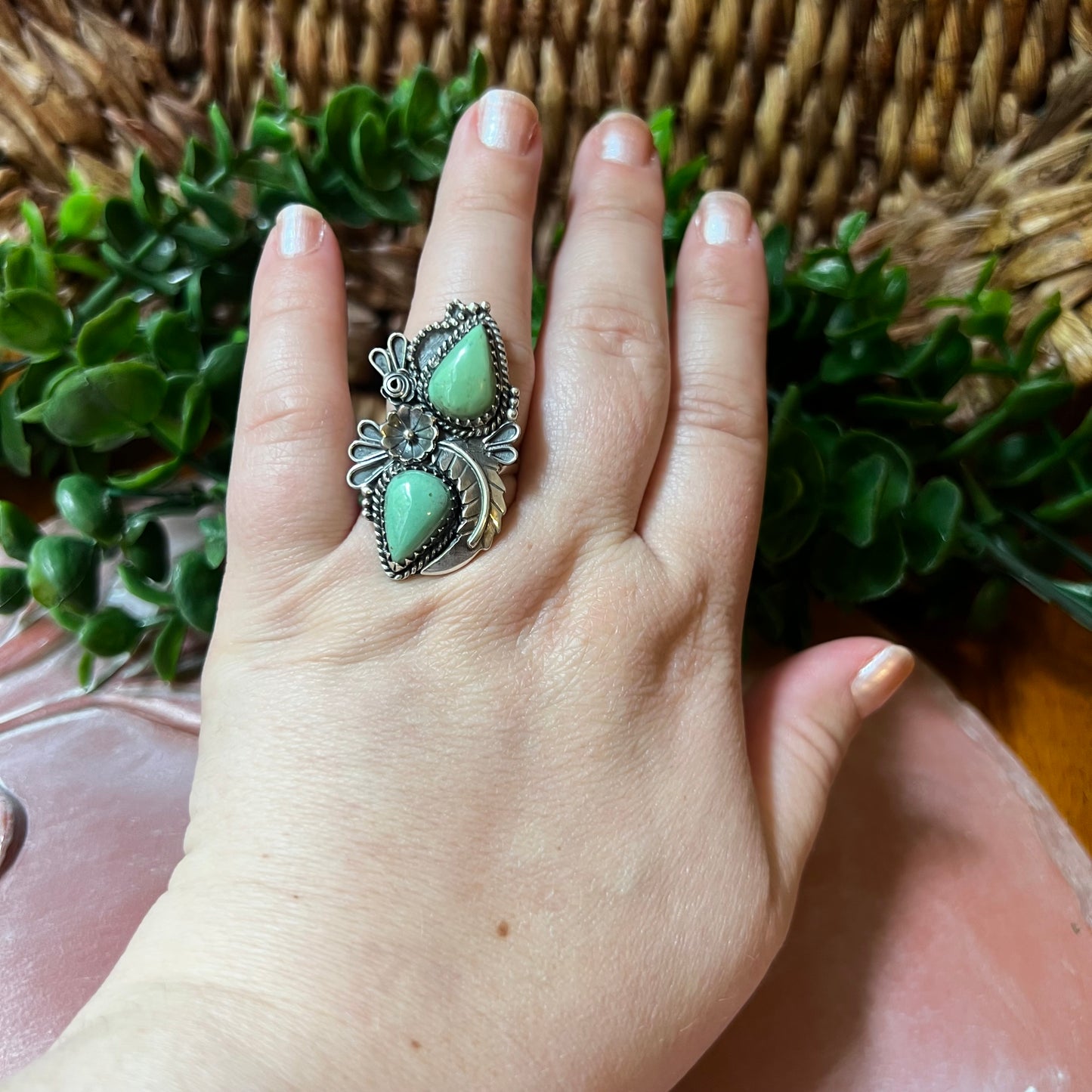Kingman Turquoise Double Stone Statement Ring – Size 8.5 Sterling Silver