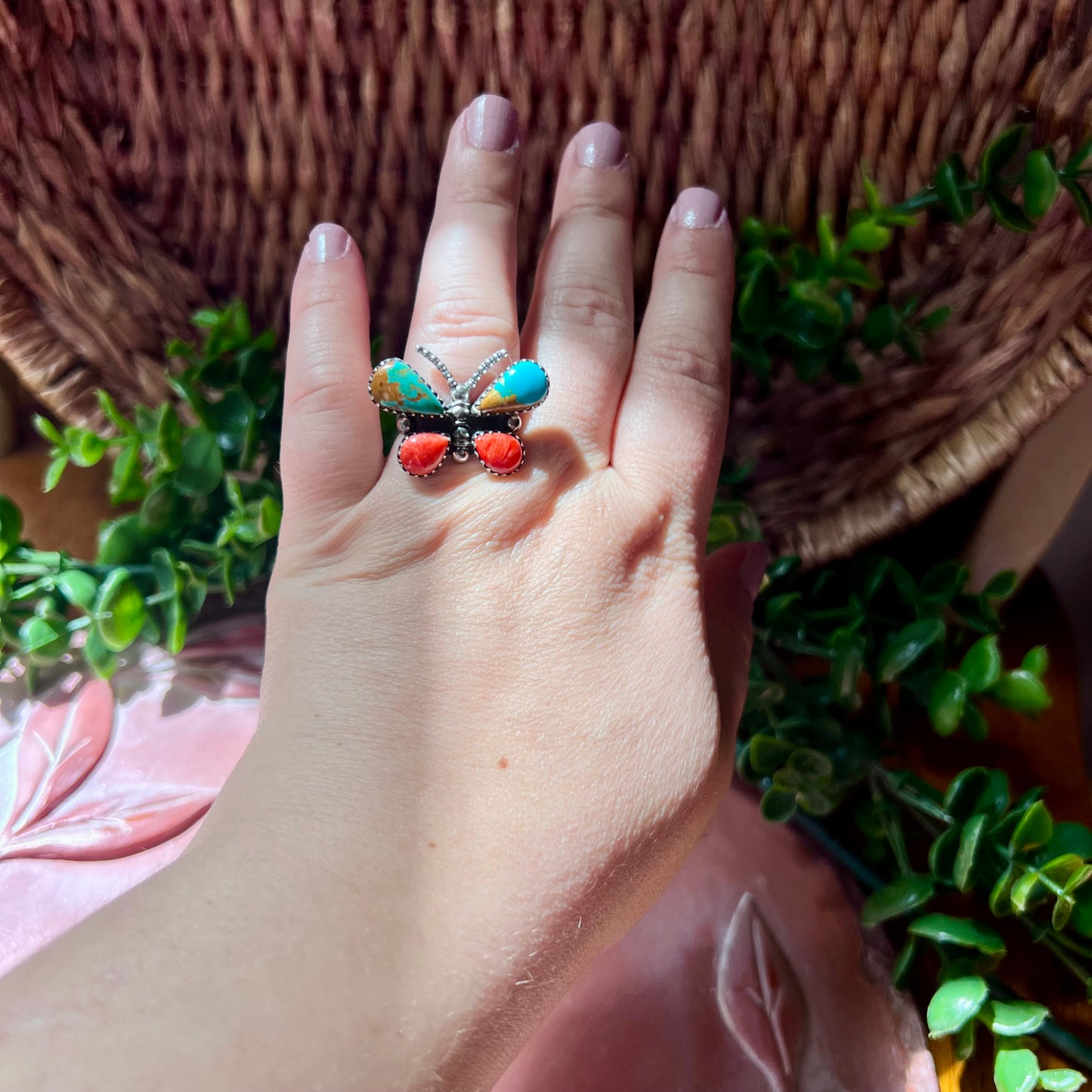 Kingman Turquoise & Spiny Oyster Butterfly Ring – Sterling Silver Statement (Size 9)