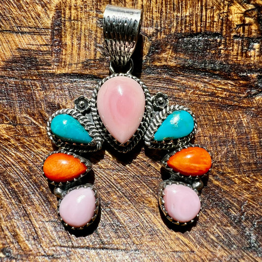 Queen Conch, Kingman Turquoise & Spiny Oyster Naja Sterling Silver Pendant