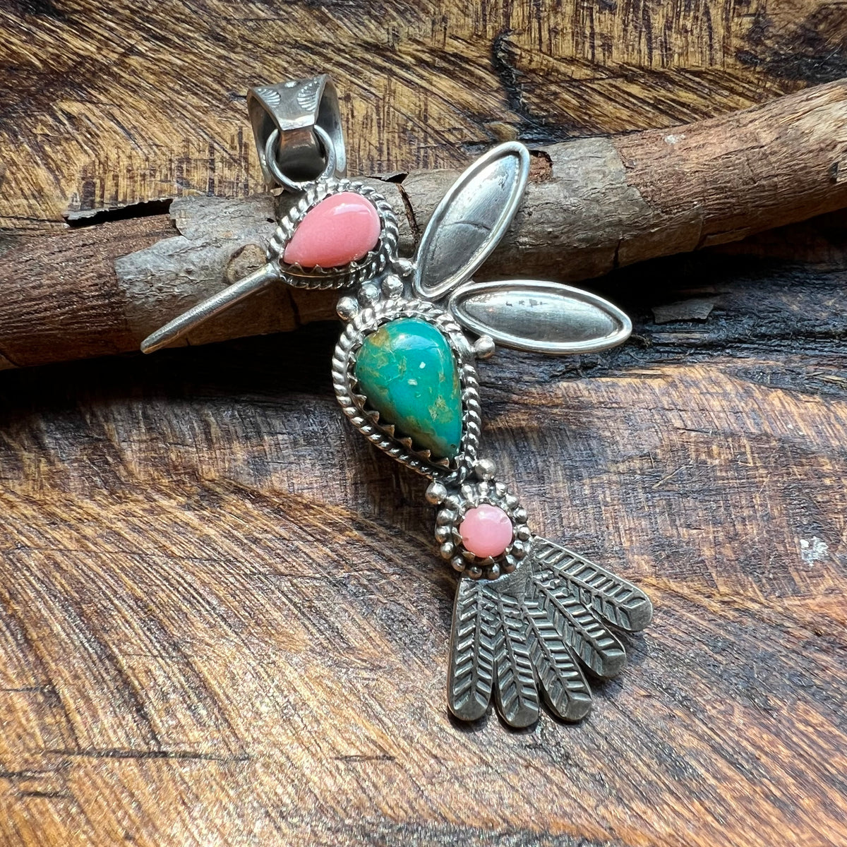 Sterling Silver Multi-Stone Hummingbird Pendant | Turquoise or Spiny Oyster