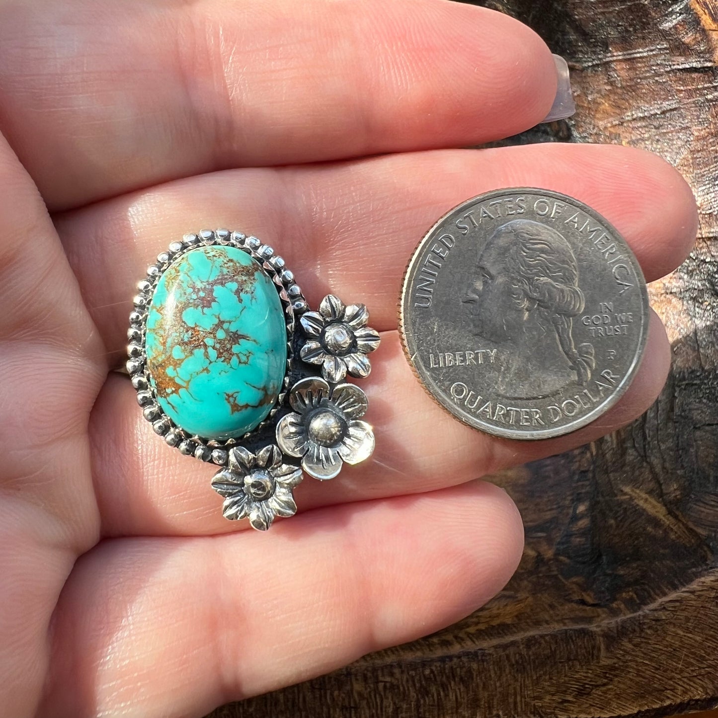 Kingman Turquoise Floral Statement Ring in Solid Sterling Silver